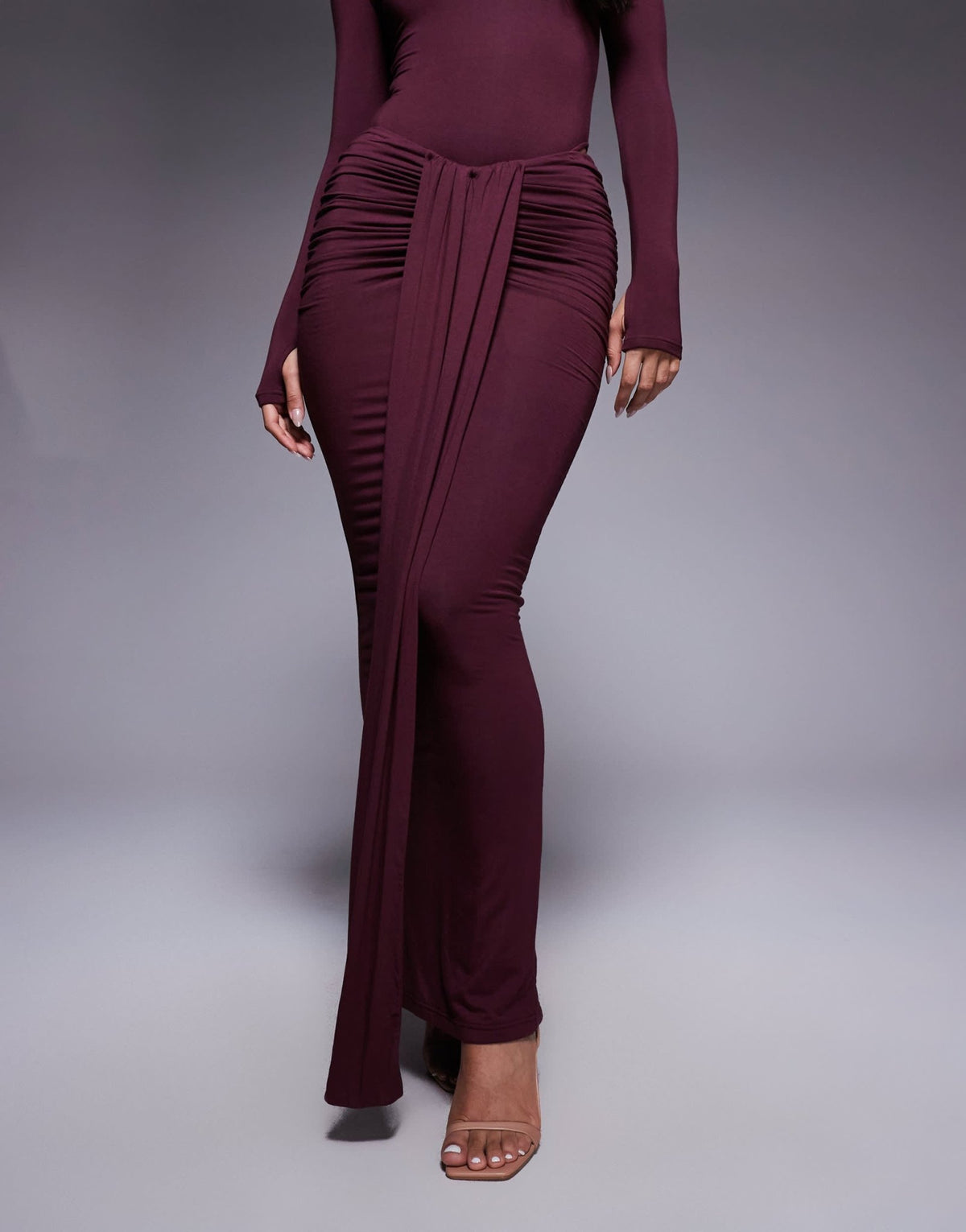 Wanderdoll Nara sculpting second skin drape front maxi skirt co-ord in plum - ASOS Sample Sale