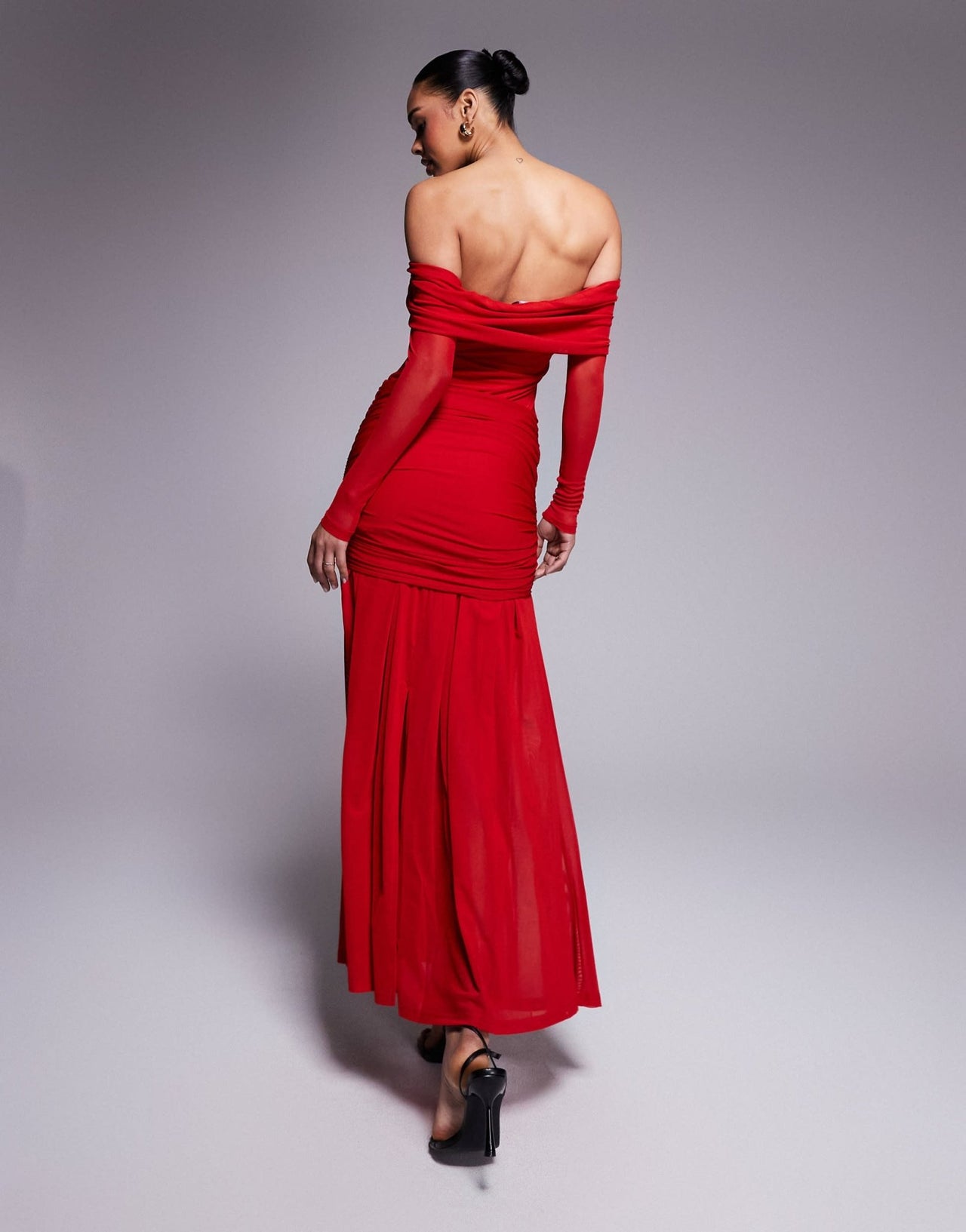 Wanderdoll Vivienne mesh bardot foldover long sleeve maxi dress in red - ASOS Sample Sale