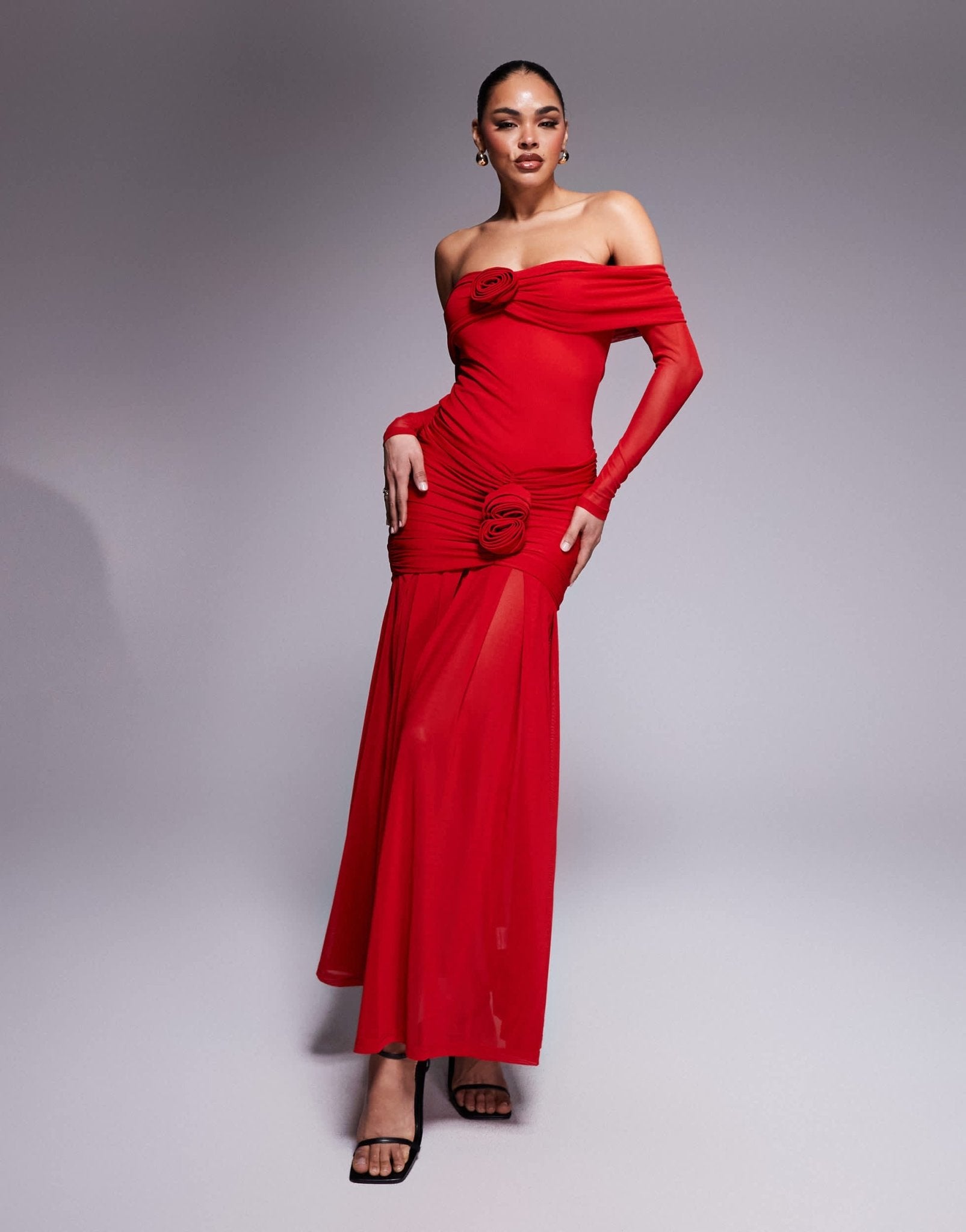 Wanderdoll Vivienne mesh bardot foldover long sleeve maxi dress in red - ASOS Sample Sale