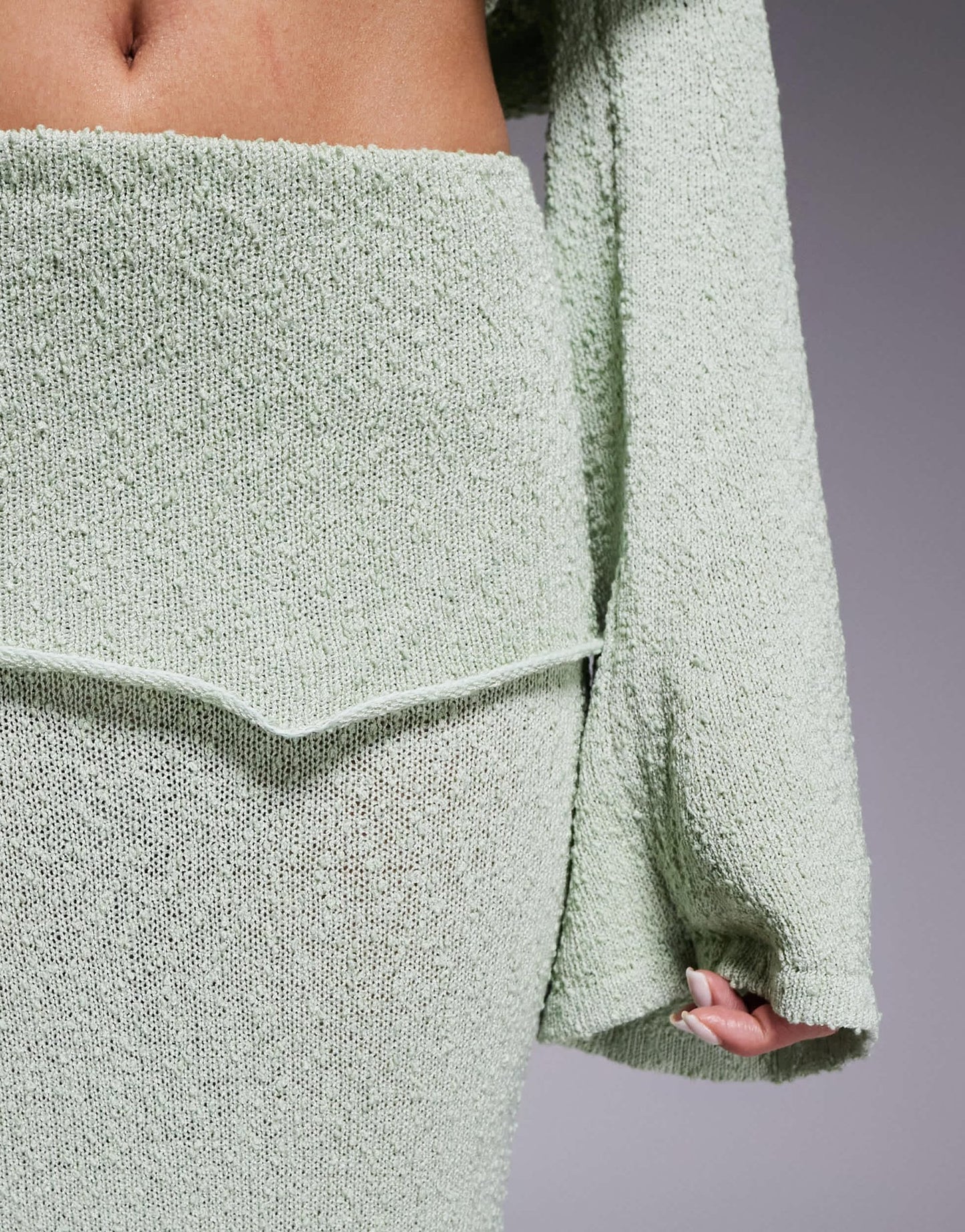 Wanderdoll Yasmin boucle knit dramatic foldover maxi skirt co - ord in sage - ASOS Sample Sale
