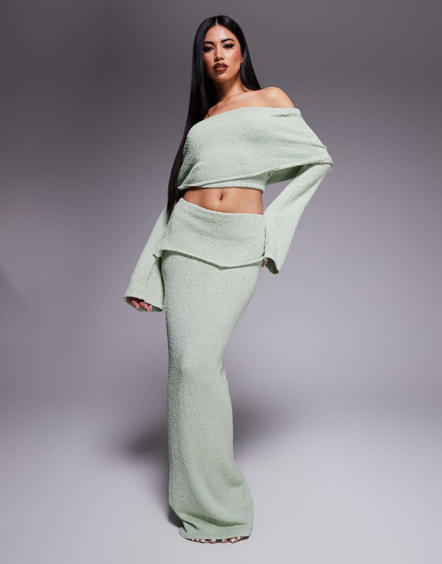 Wanderdoll Yasmin boucle knit dramatic foldover maxi skirt co - ord in sage - ASOS Sample Sale