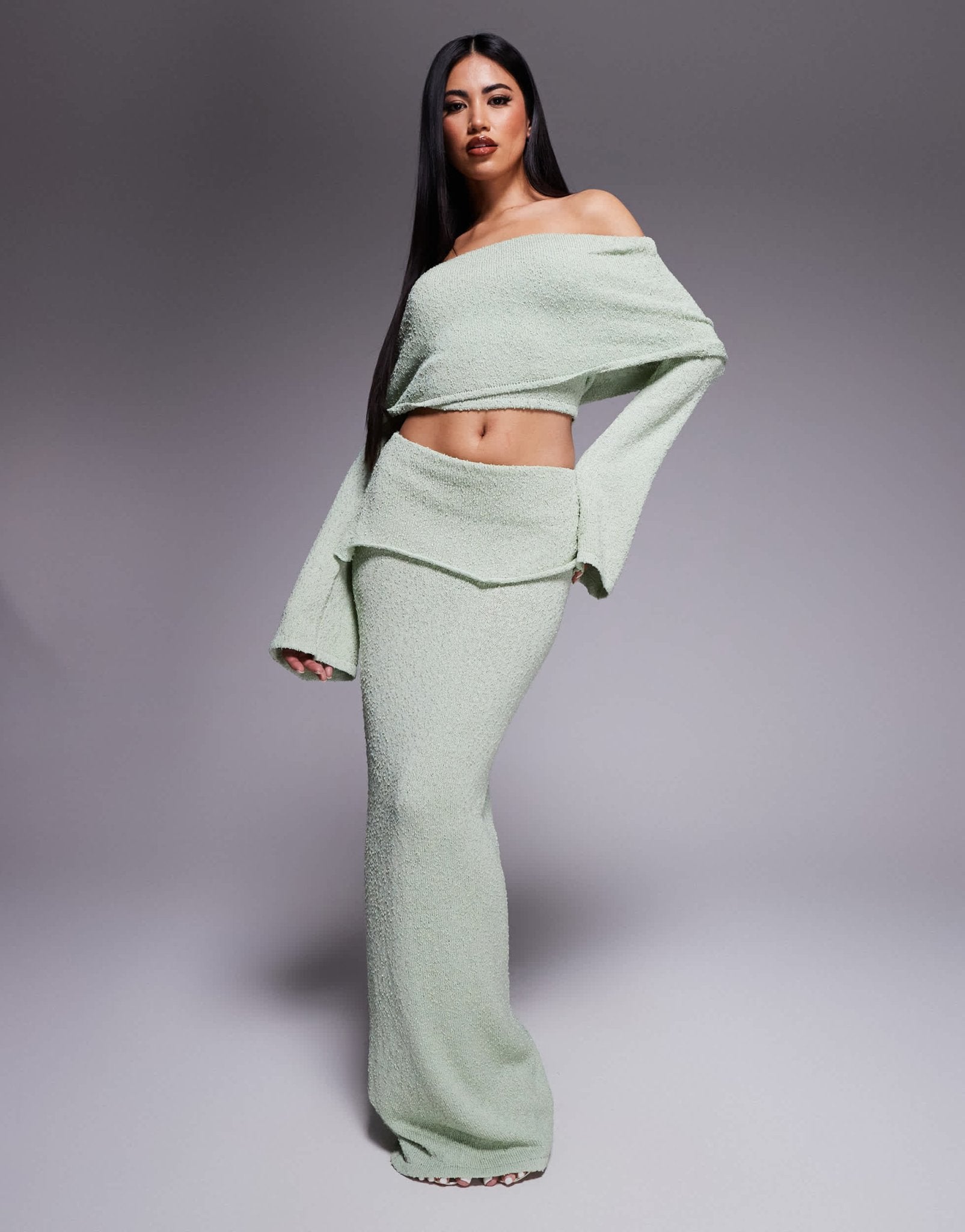 Wanderdoll Yasmin boucle knit dramatic foldover maxi skirt co - ord in sage - ASOS Sample Sale