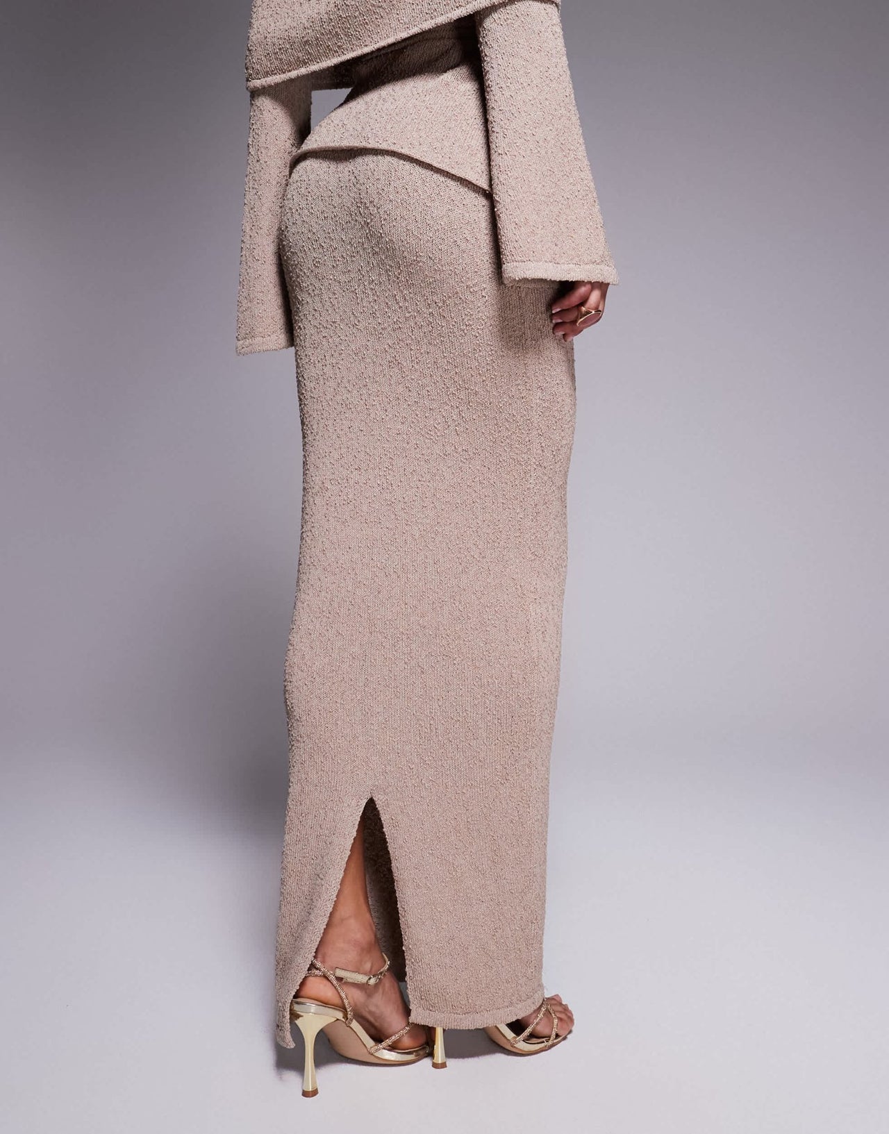 Wanderdoll Yasmin boucle knit dramatic foldover maxi skirt co - ord in taupe - ASOS Sample Sale