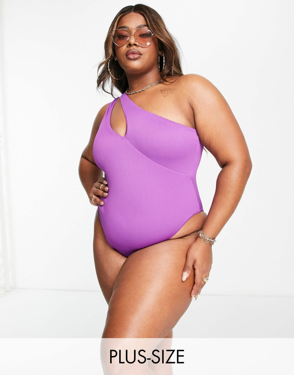 We Are We Wear Plus ribbed one shoulder slash swimsuit in ultraviolet - ASOS Sample Sale