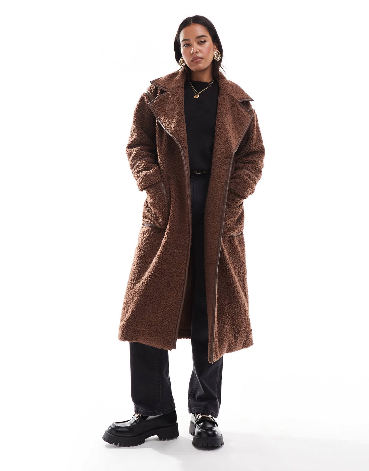 Wednesday's Girl borg faux leather edged longline coat in chocolate brown - ASOS Sample Sale
