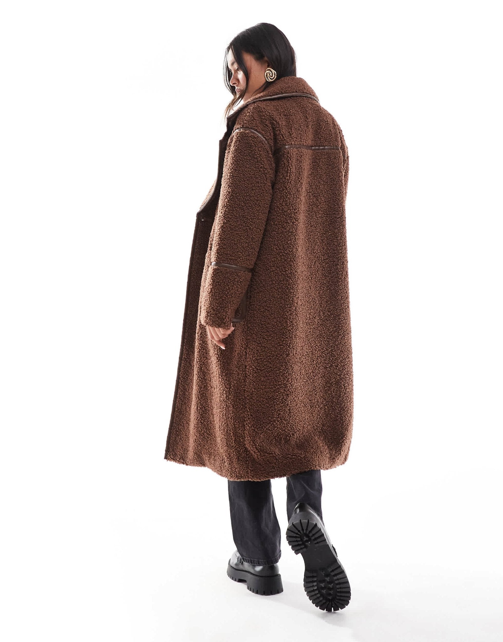 Wednesday's Girl borg faux leather edged longline coat in chocolate brown - ASOS Sample Sale