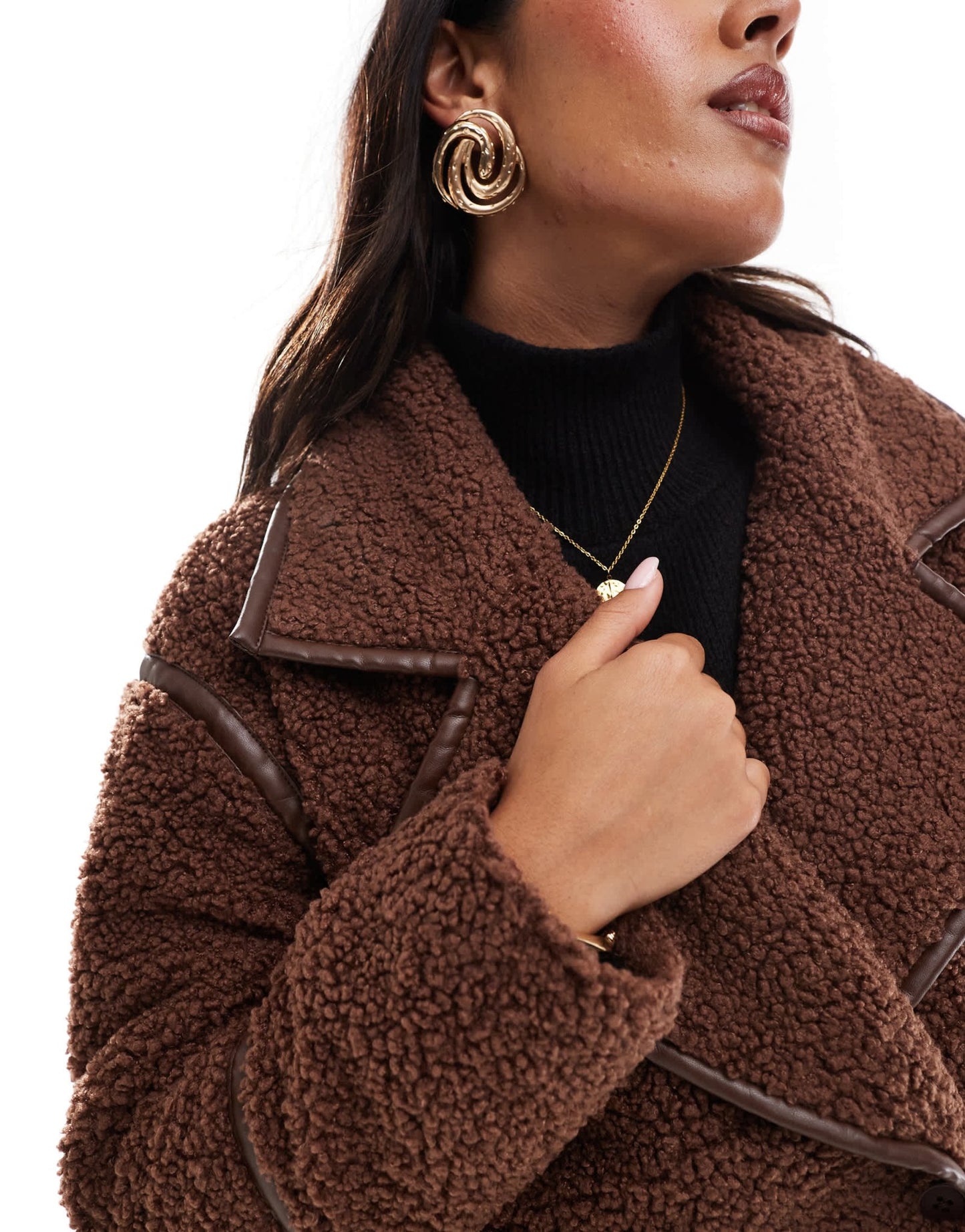 Wednesday's Girl borg faux leather edged longline coat in chocolate brown - ASOS Sample Sale