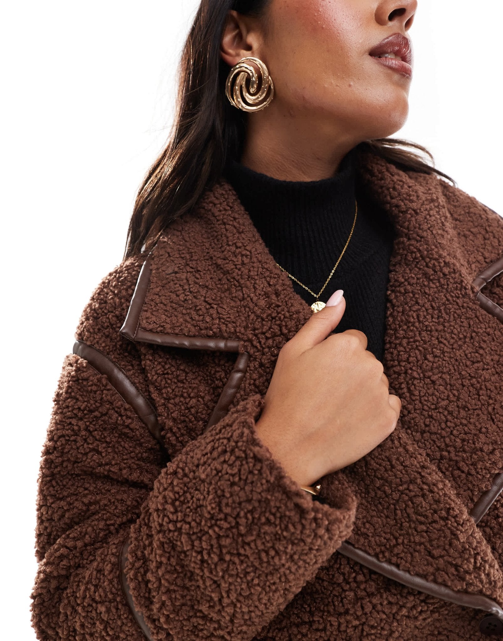 Wednesday's Girl borg faux leather edged longline coat in chocolate brown - ASOS Sample Sale