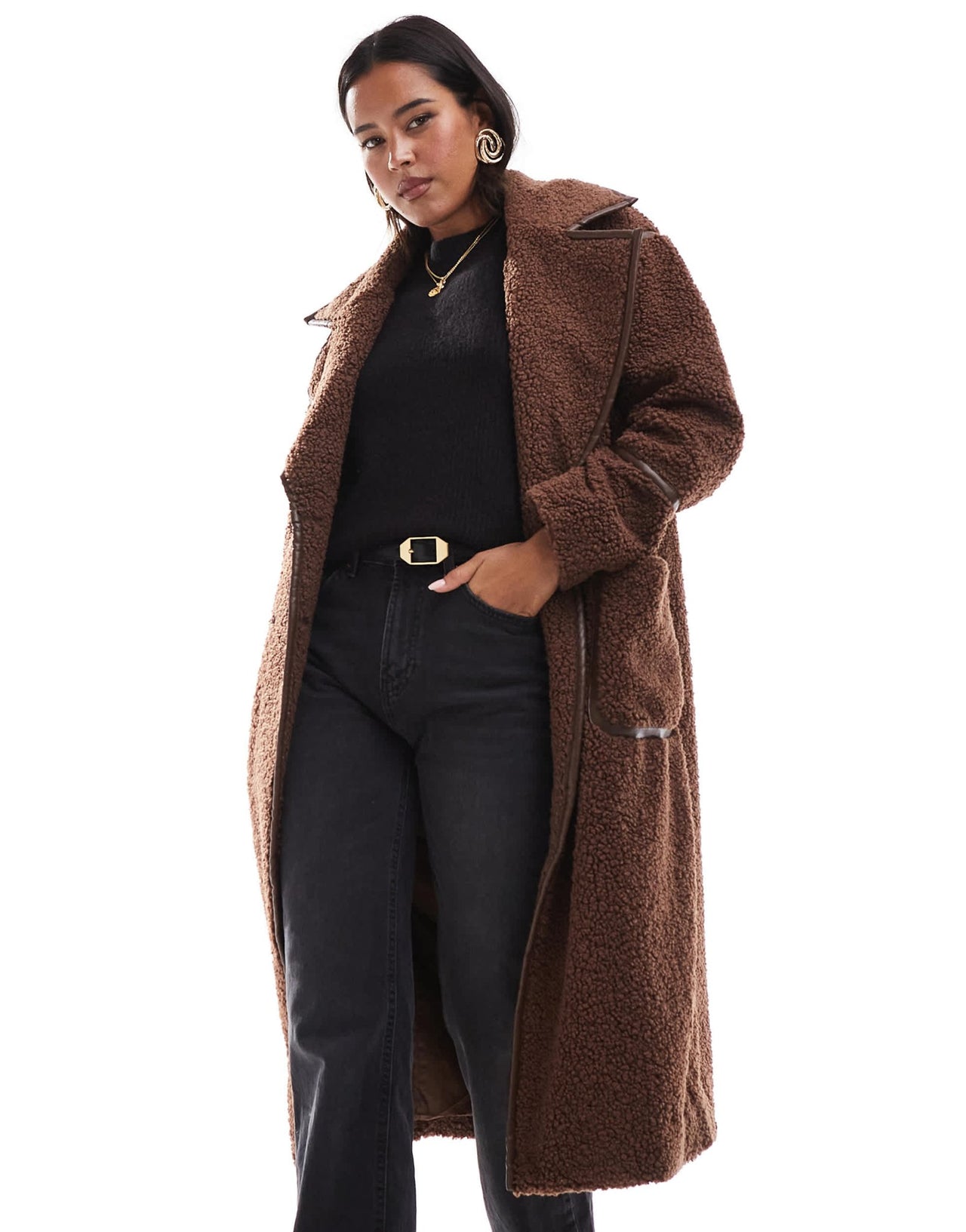 Wednesday's Girl borg faux leather edged longline coat in chocolate brown - ASOS Sample Sale
