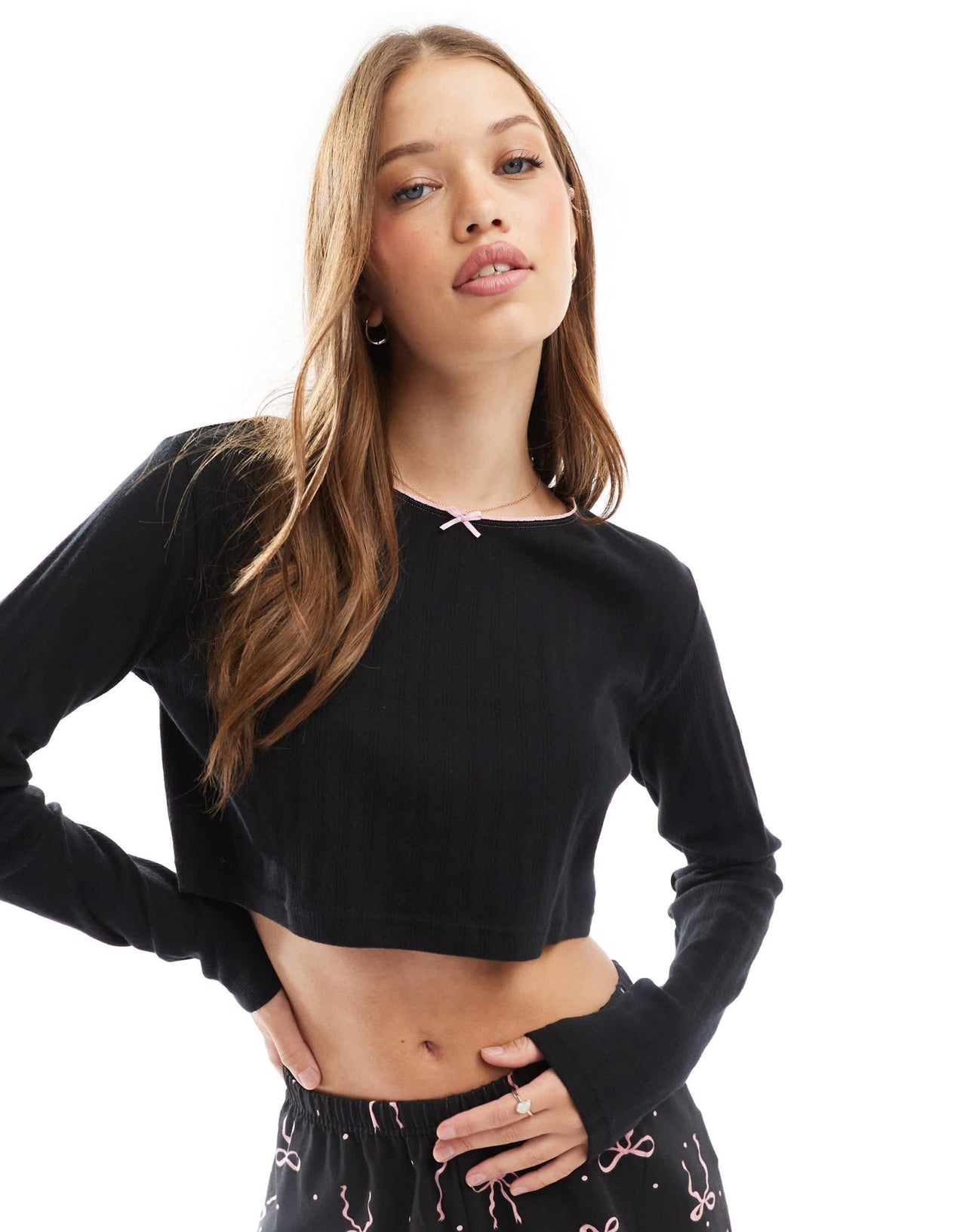 Wednesday's Girl bow print pointelle long sleeve pyjama set in black and pink - ASOS Sample Sale