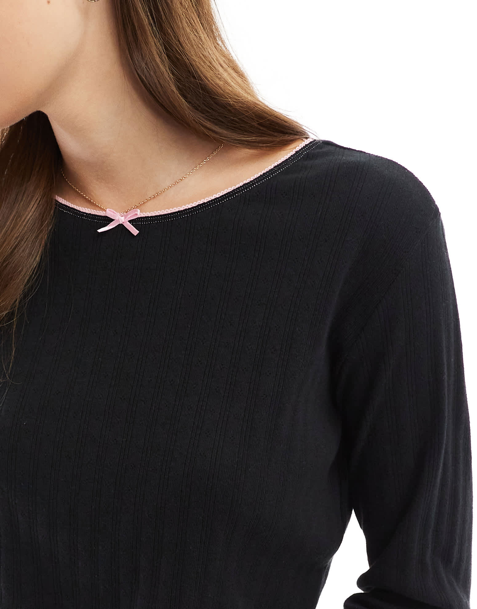 Wednesday's Girl bow print pointelle long sleeve pyjama set in black and pink - ASOS Sample Sale