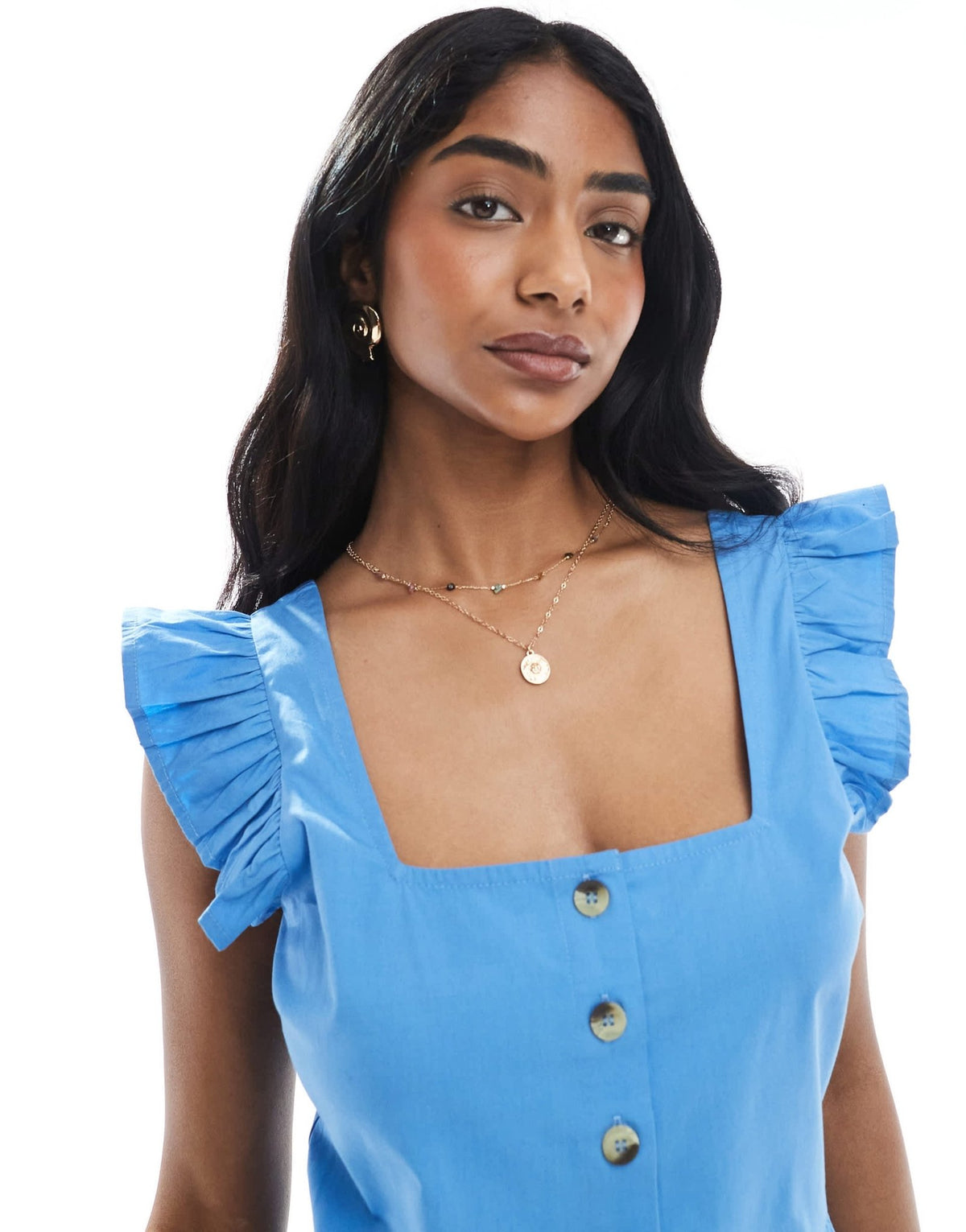 Wednesday's Girl button detail frill sleeve mini dress in light blue - ASOS Sample Sale