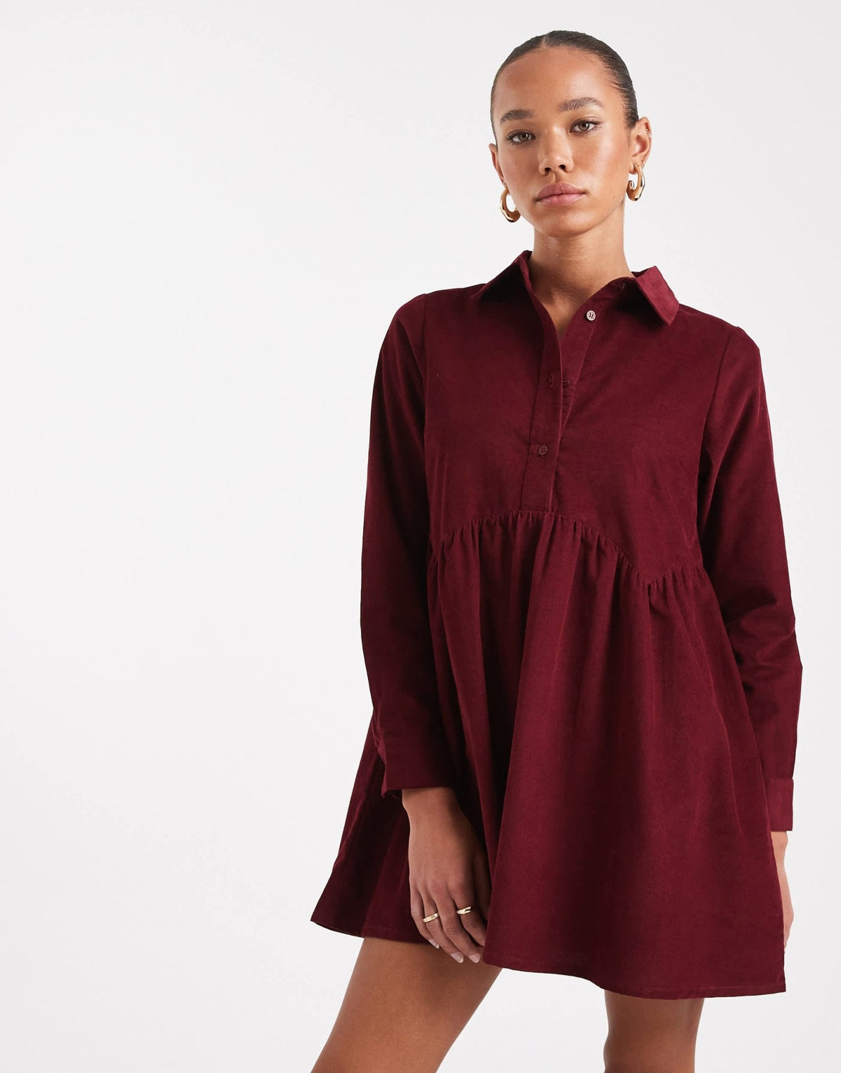 Wednesday's Girl button through mini cord smock dress in dark red - ASOS Sample Sale