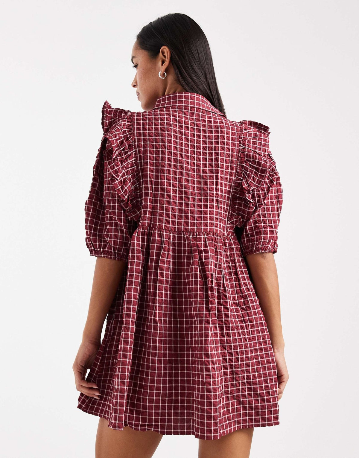 Wednesday's Girl check ruffle detail mini smock dress in dark red - ASOS Sample Sale