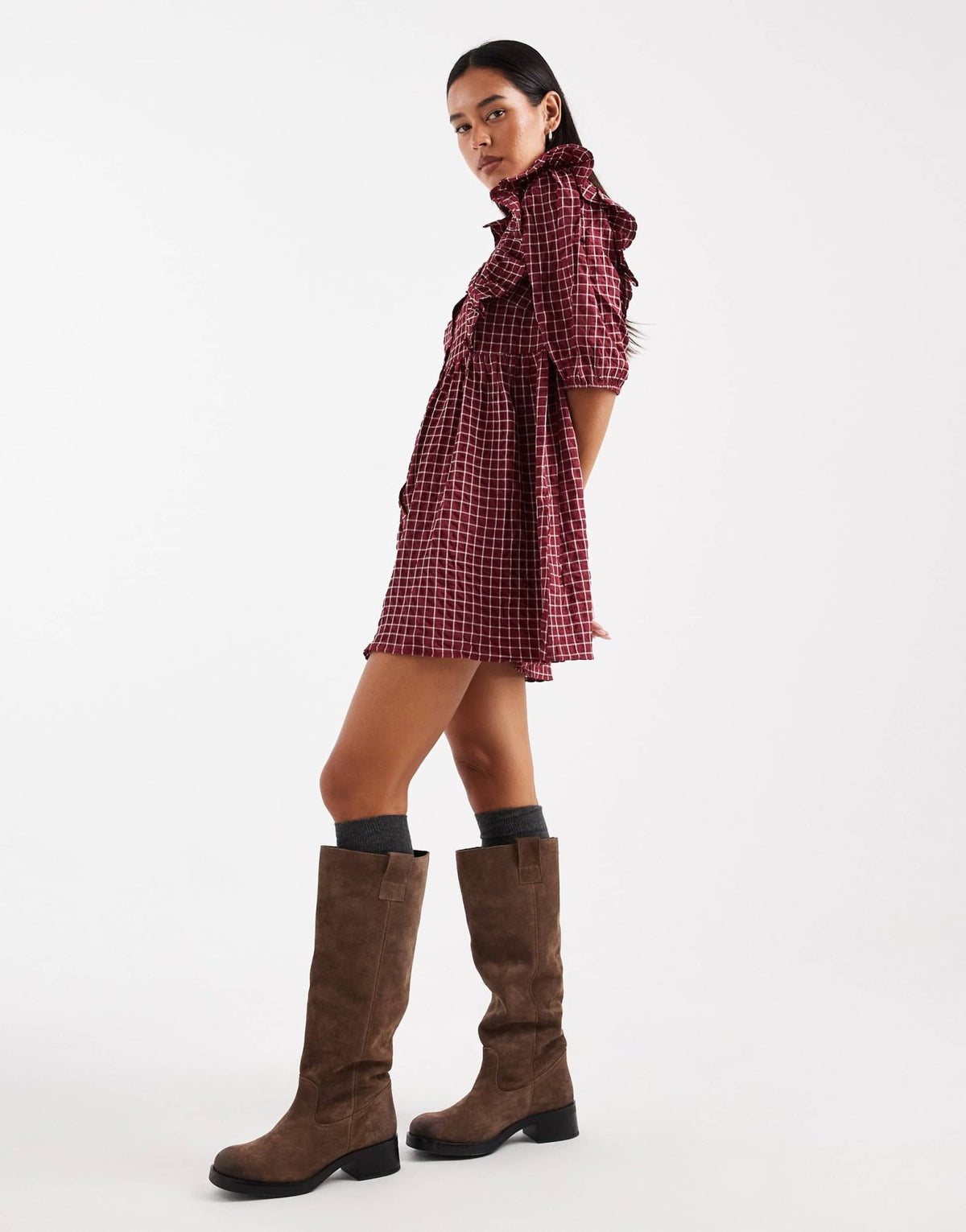 Wednesday's Girl check ruffle detail mini smock dress in dark red - ASOS Sample Sale