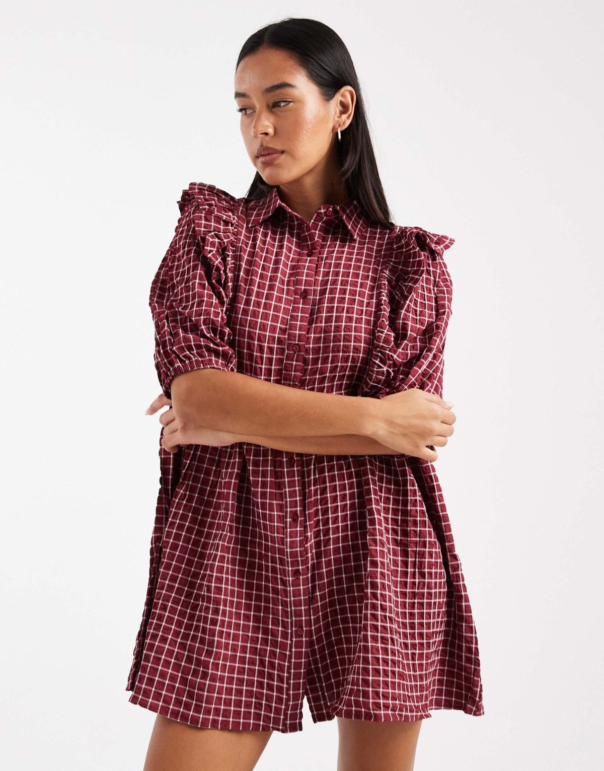 Wednesday's Girl check ruffle detail mini smock dress in dark red - ASOS Sample Sale