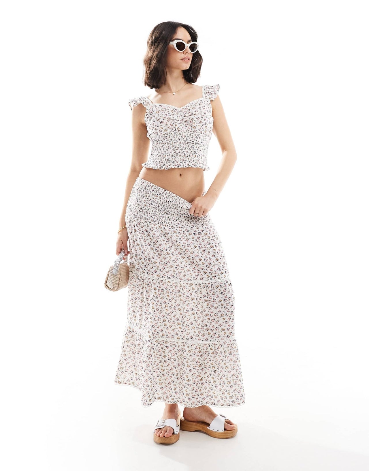 Wednesday's Girl chintzy floral tiered midaxi skirt in white - ASOS Sample Sale