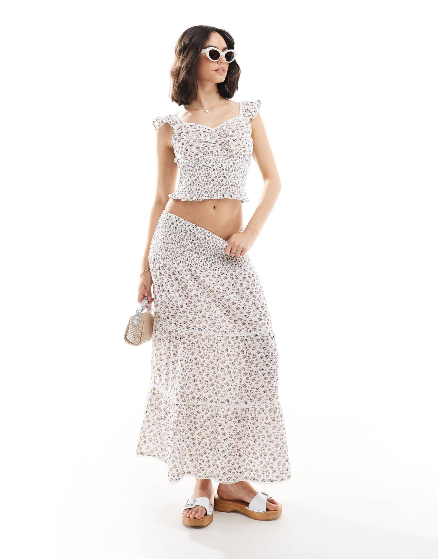 Wednesday's Girl chintzy floral tiered midaxi skirt in white - ASOS Sample Sale