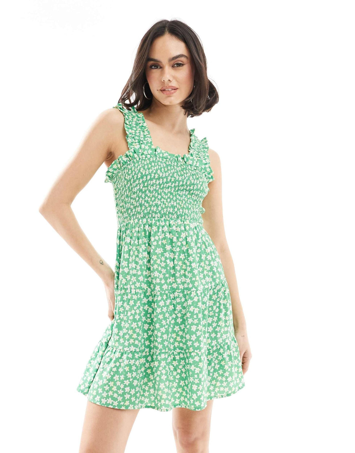 Wednesday's Girl ditsy floral shirred bust mini dress in green - ASOS Sample Sale