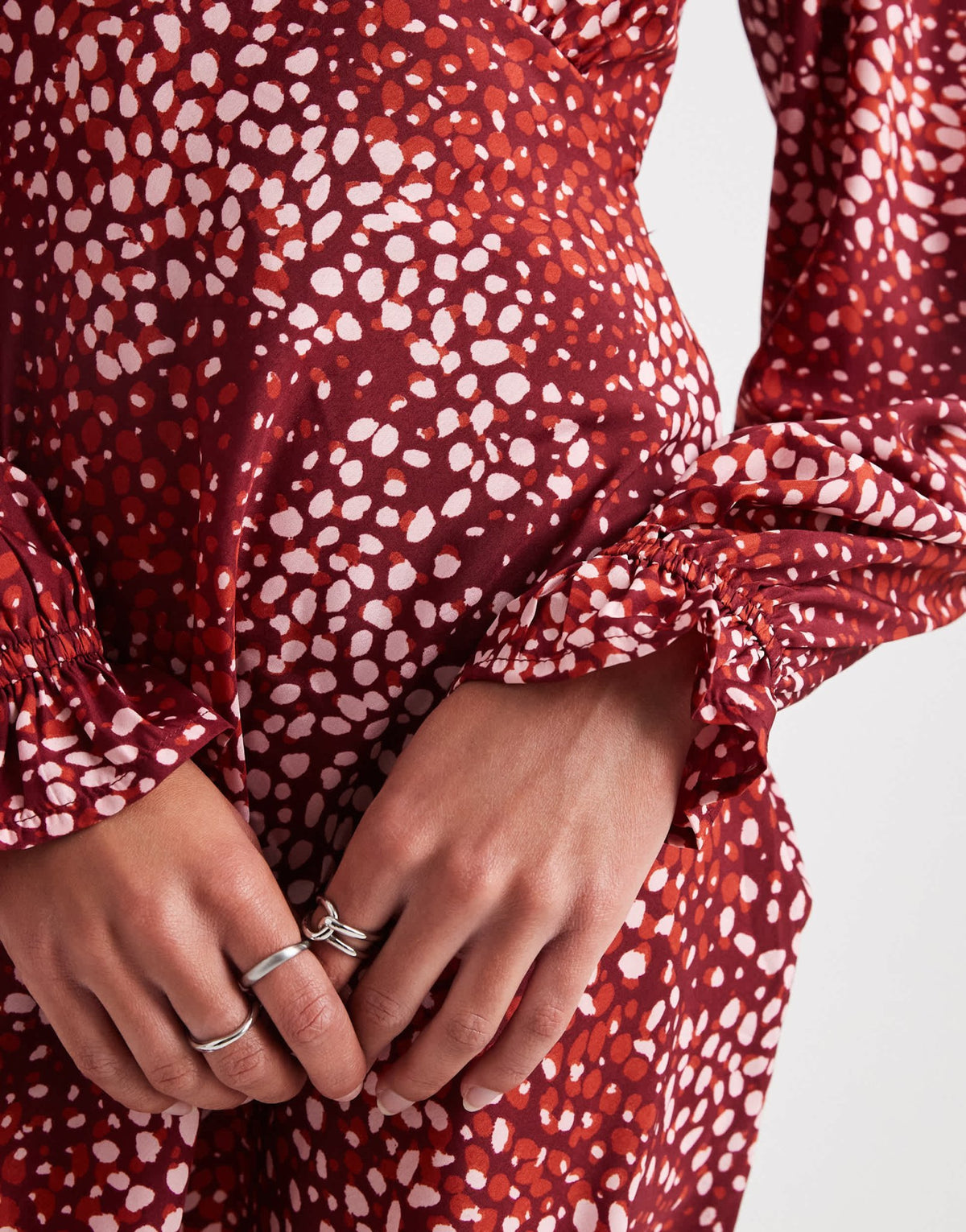 Wednesday's Girl dotty print v-neck mini dress in burgundy and pink - ASOS Sample Sale