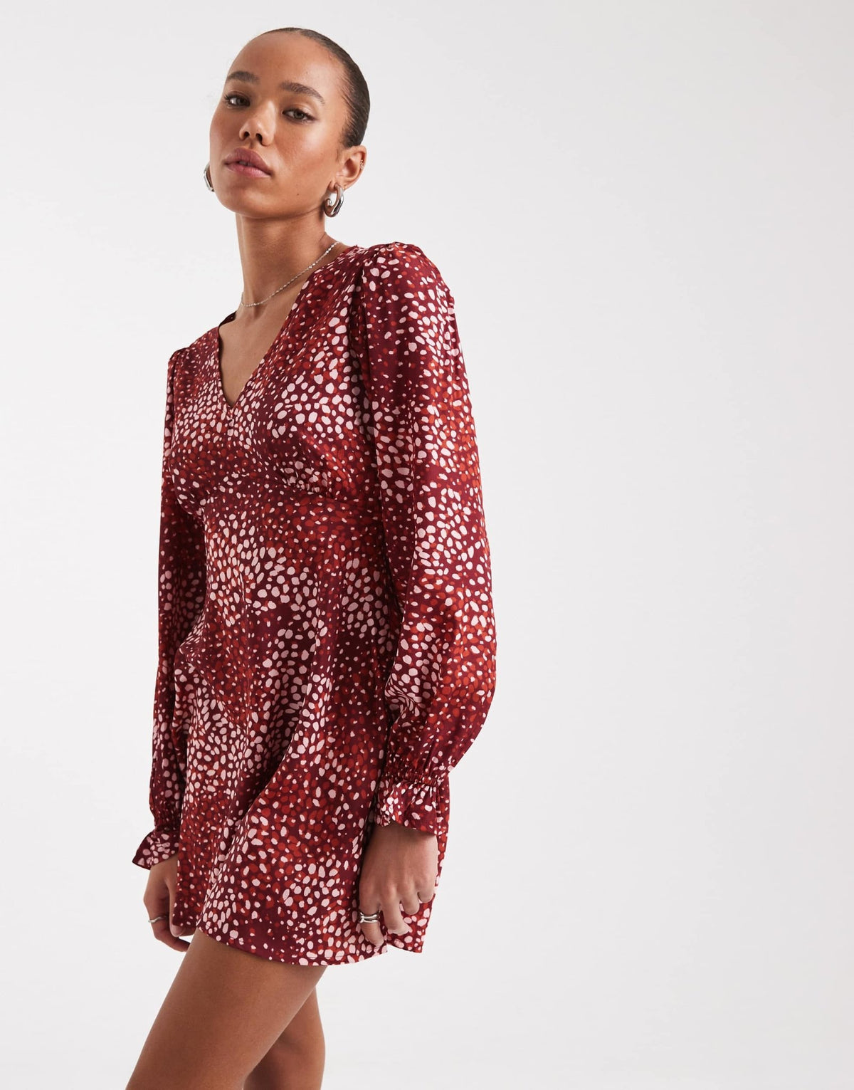 Wednesday's Girl dotty print v-neck mini dress in burgundy and pink - ASOS Sample Sale