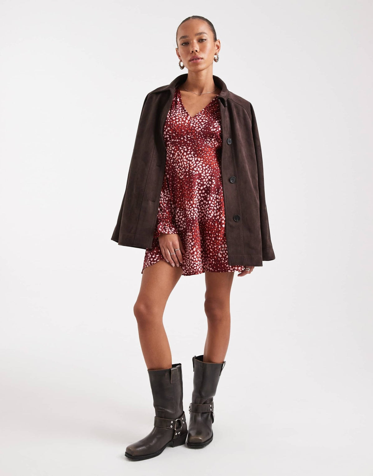 Wednesday's Girl dotty print v-neck mini dress in burgundy and pink - ASOS Sample Sale