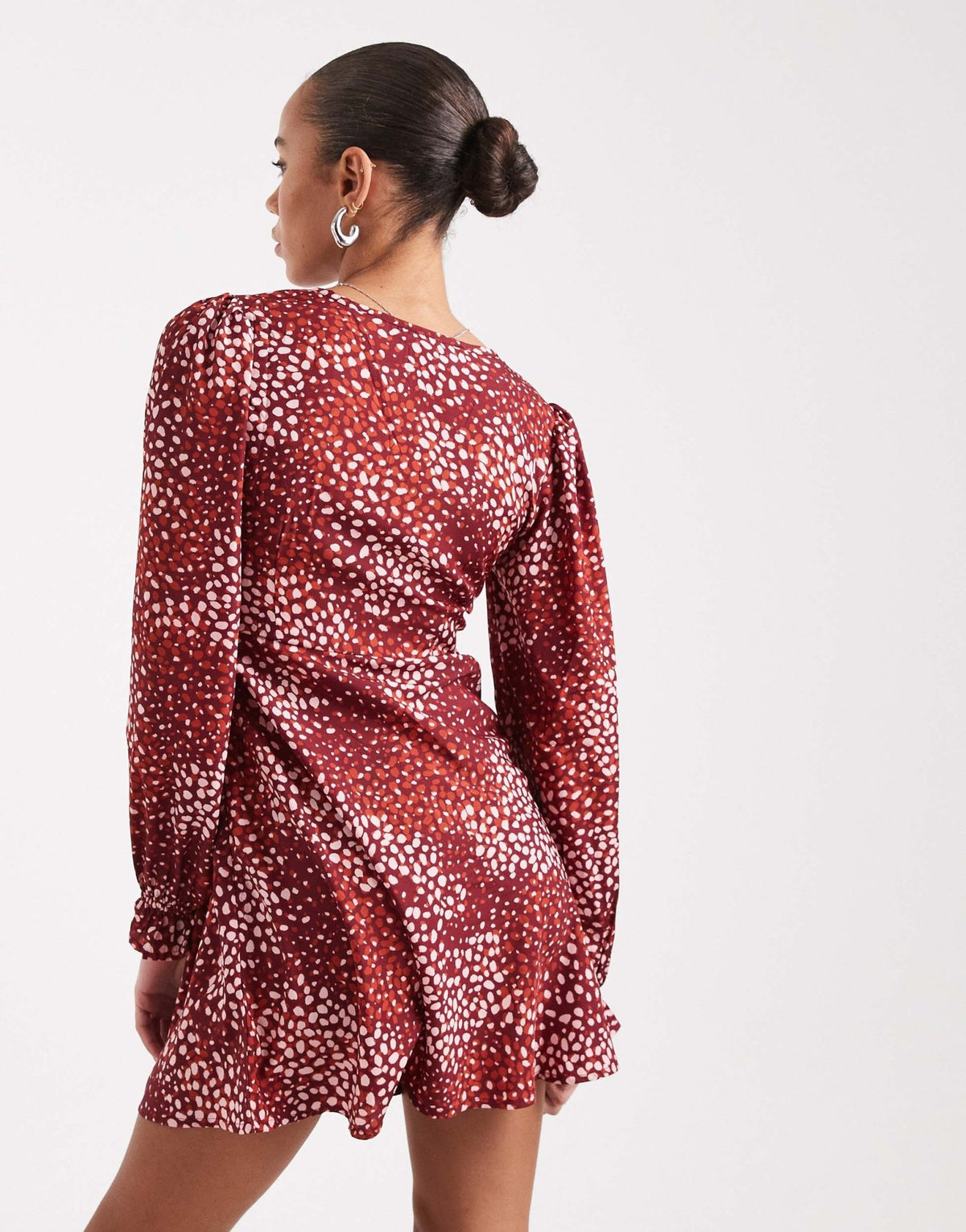 Wednesday's Girl dotty print v-neck mini dress in burgundy and pink - ASOS Sample Sale