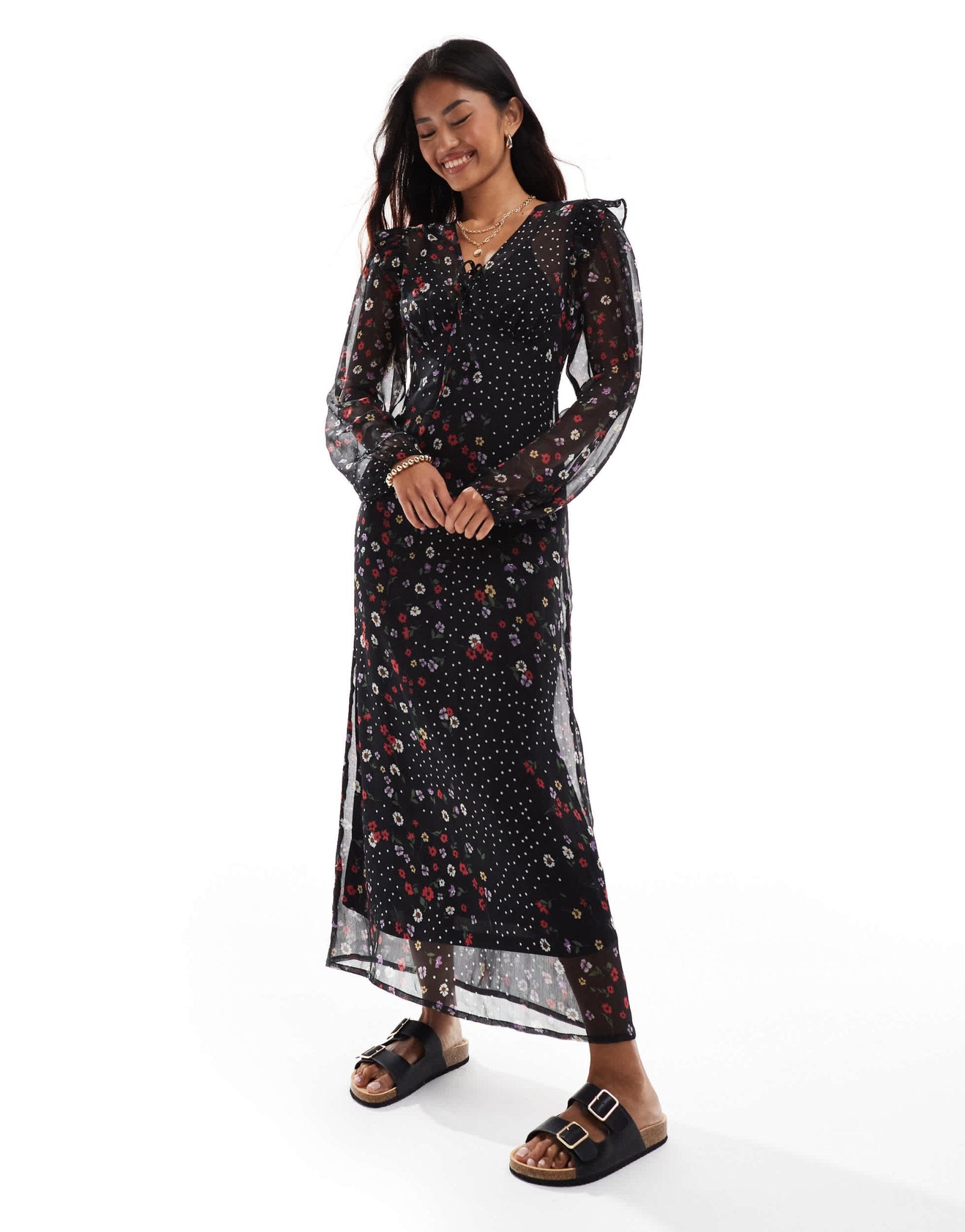 Wednesday's Girl floral and polka dot ruffle midaxi dress in black - ASOS Sample Sale