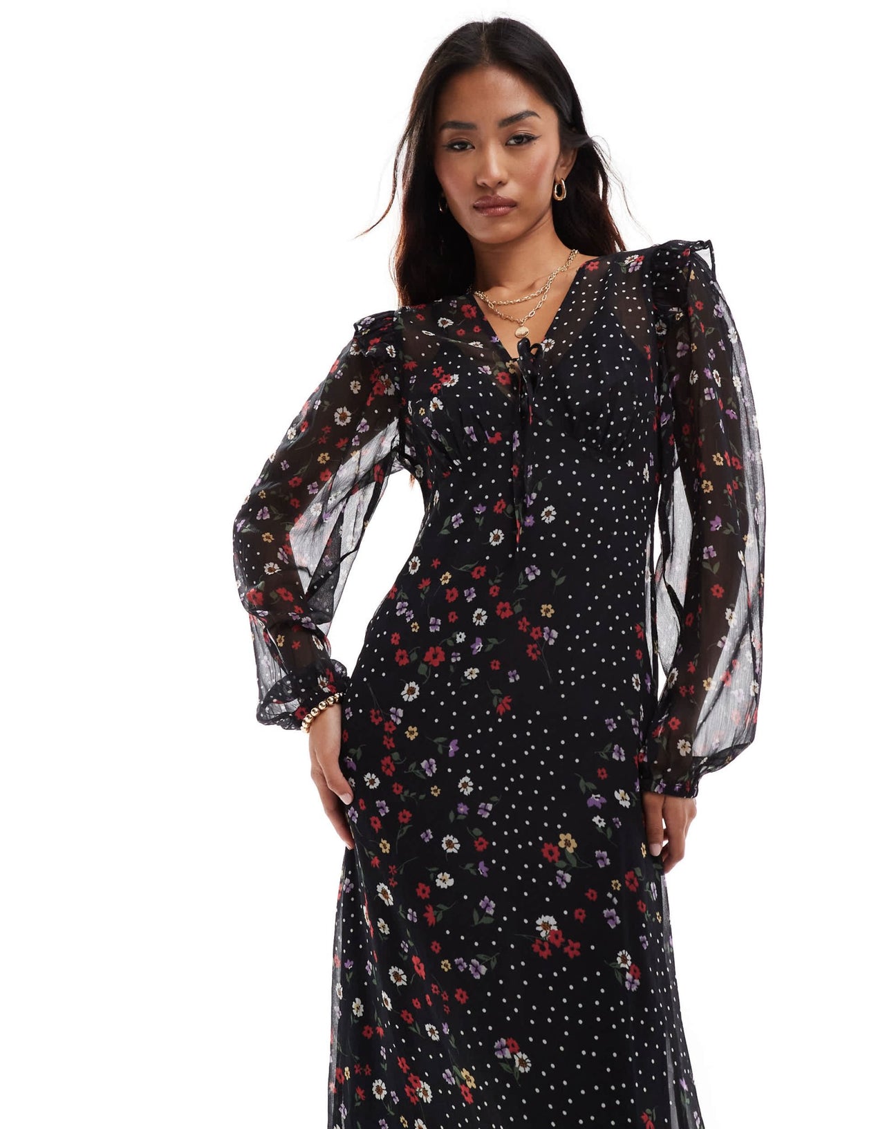 Wednesday's Girl floral and polka dot ruffle midaxi dress in black - ASOS Sample Sale