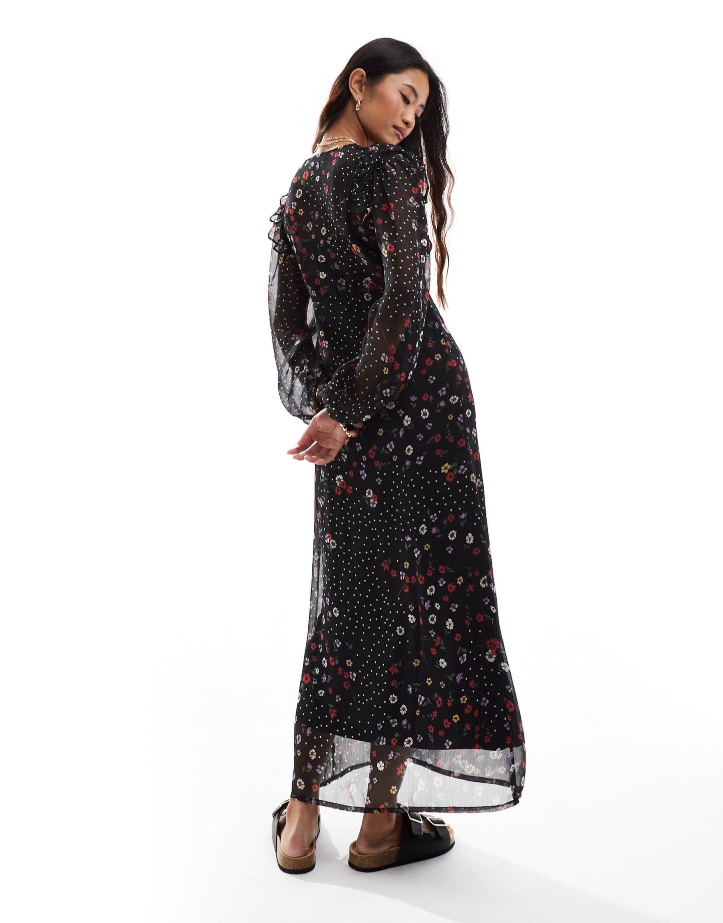 Wednesday's Girl floral and polka dot ruffle midaxi dress in black - ASOS Sample Sale