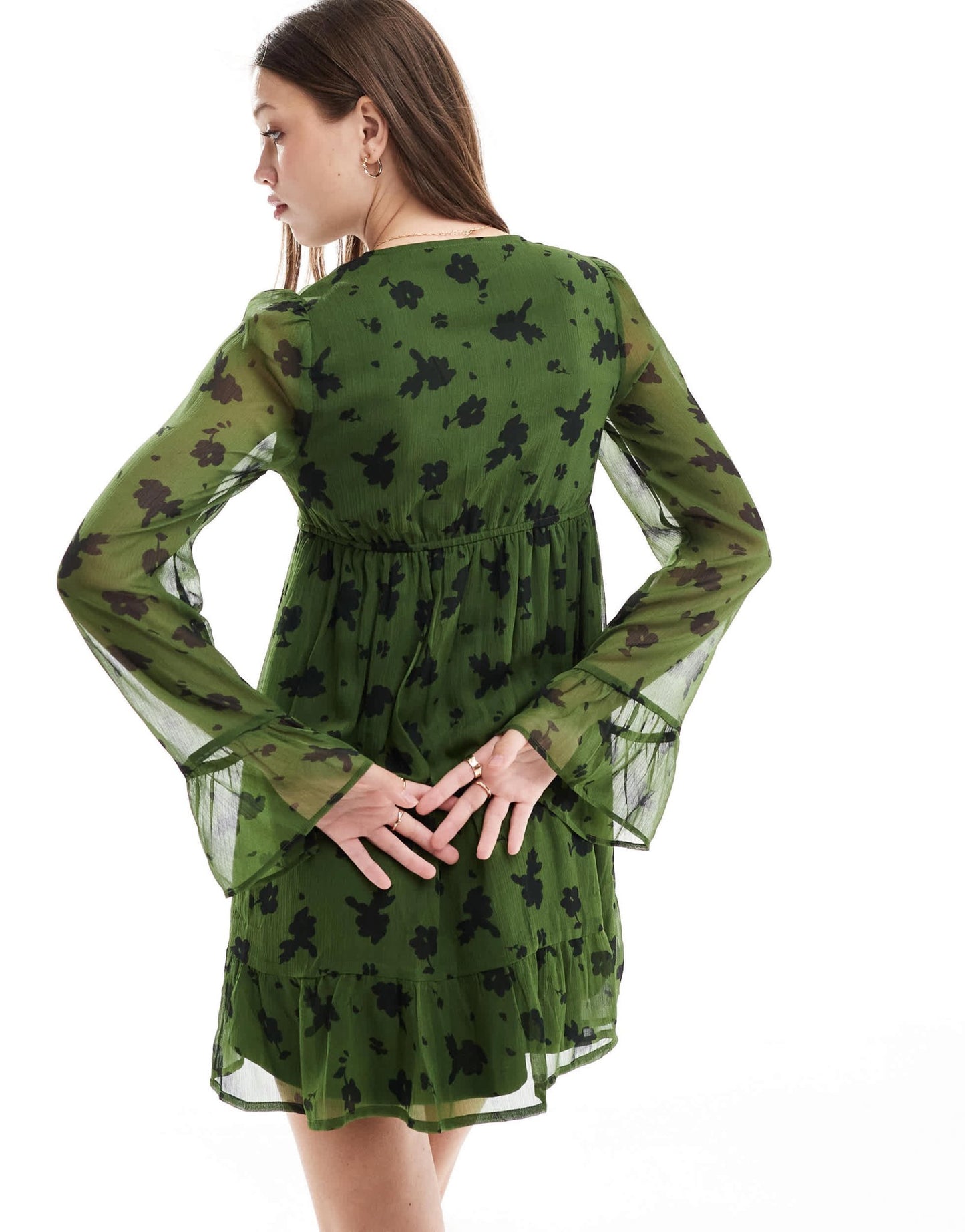 Wednesday's Girl floral print crinkle v - neck mini dress in forest green - ASOS Sample Sale