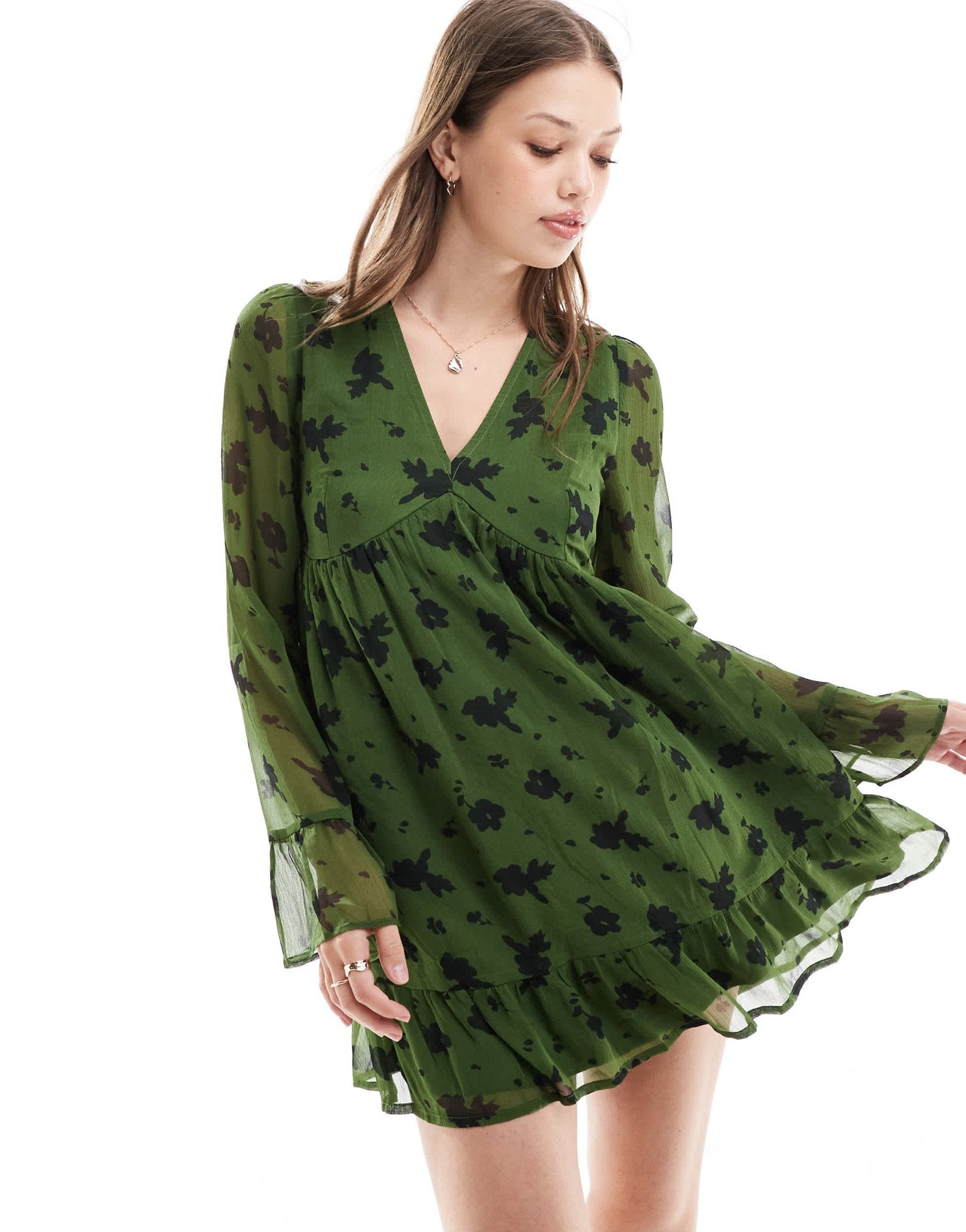 Wednesday's Girl floral print crinkle v - neck mini dress in forest green - ASOS Sample Sale