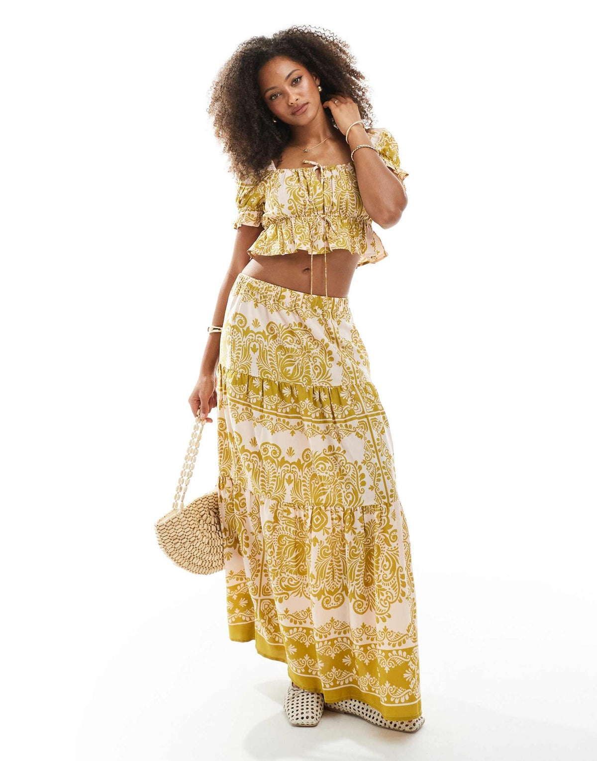 Wednesday's Girl printed puff sleeve croppred blouse co-ord in pink and green - ASOS Sample Sale
