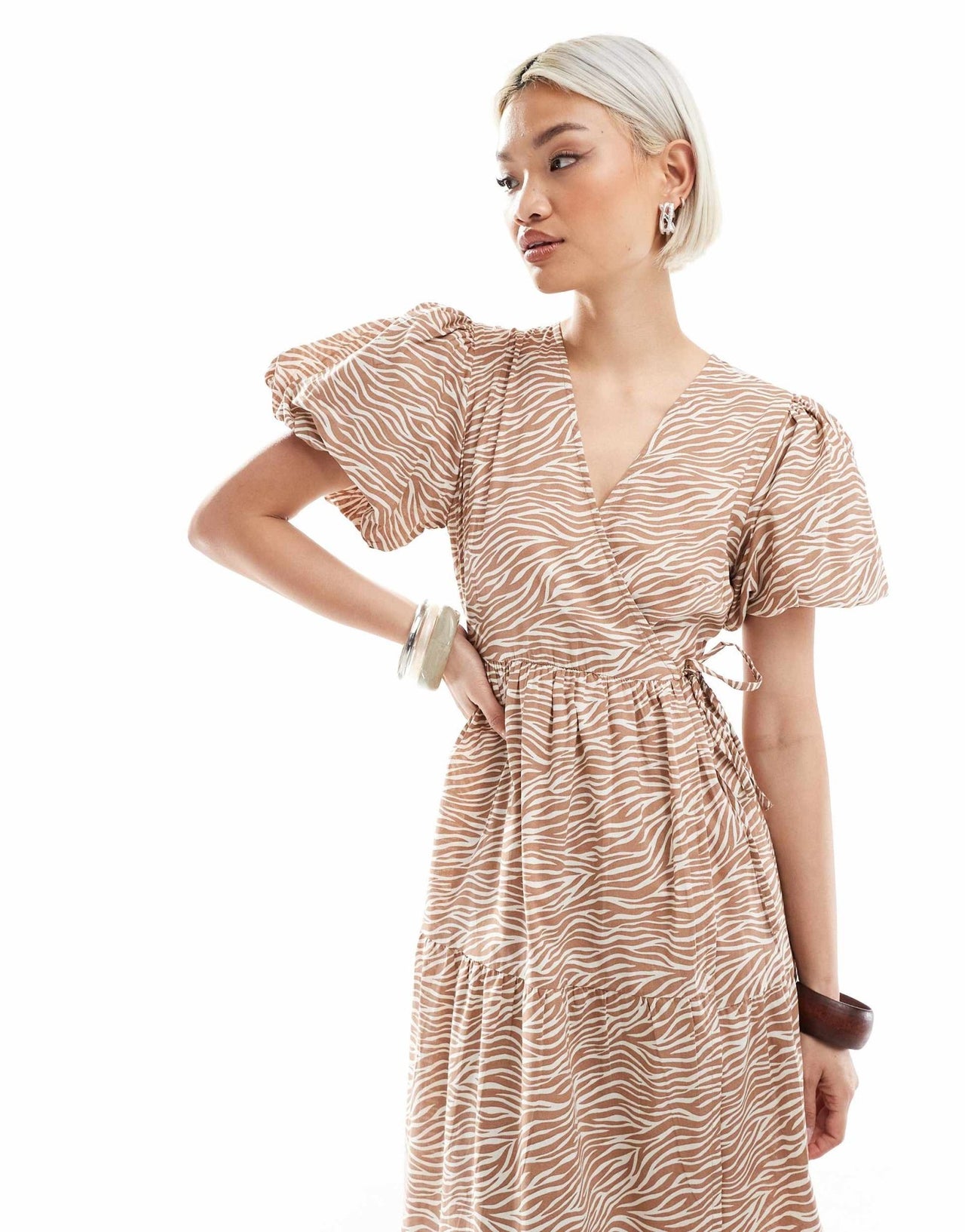 Wednesday's Girl puff sleeve tiered midi wrap dress in brown zebra print - ASOS Sample Sale