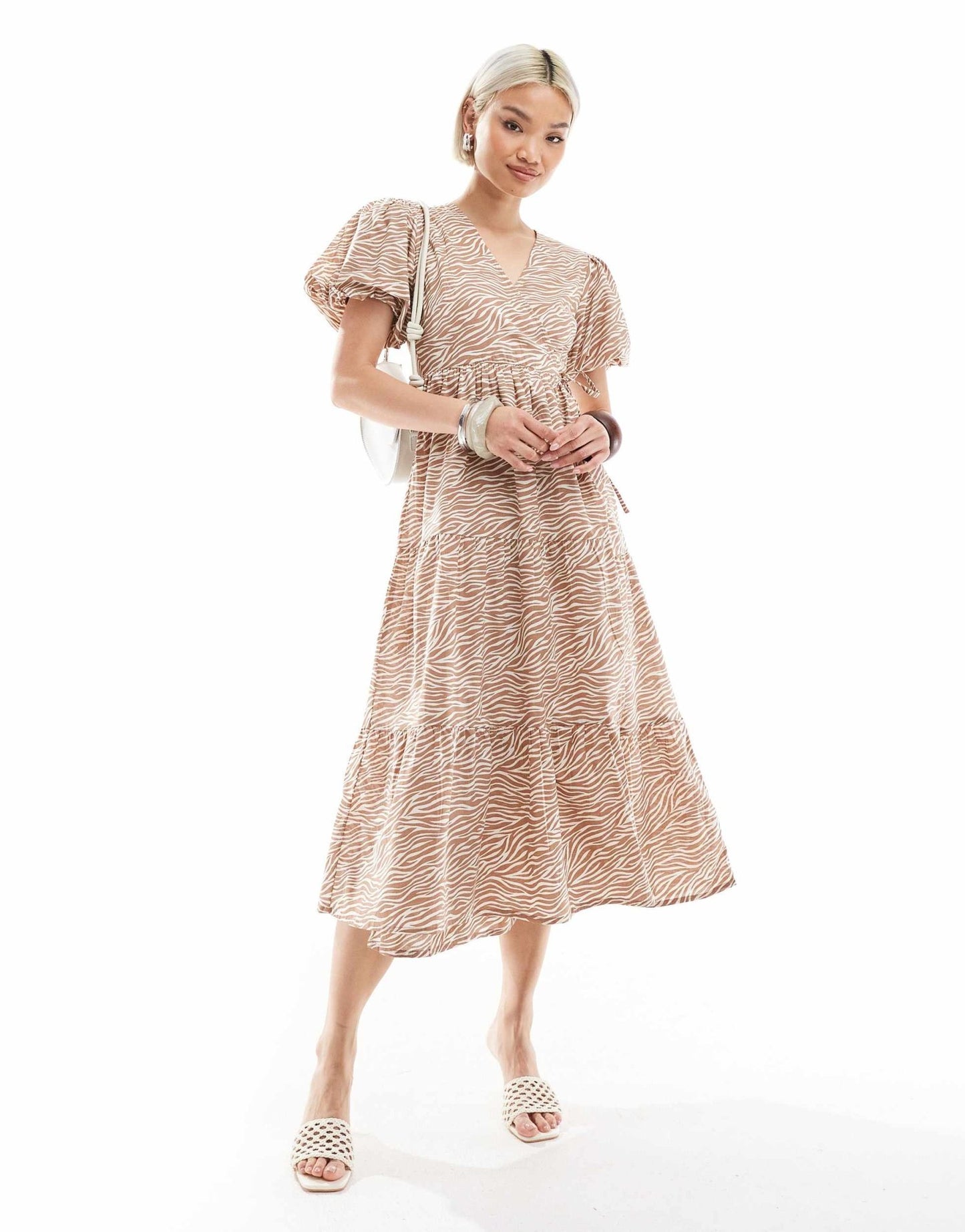 Wednesday's Girl puff sleeve tiered midi wrap dress in brown zebra print - ASOS Sample Sale