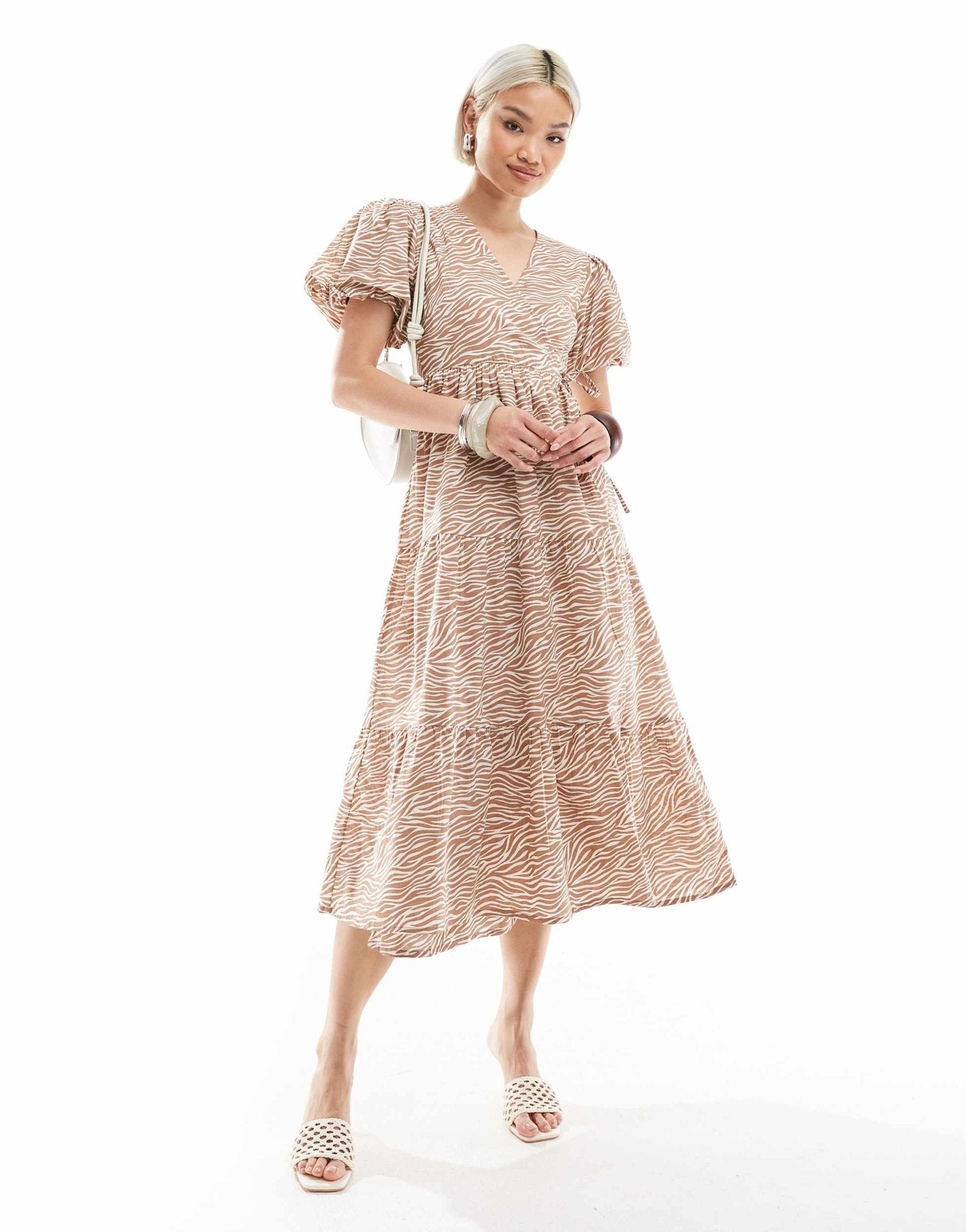 Wednesday's Girl puff sleeve tiered midi wrap dress in brown zebra print - ASOS Sample Sale