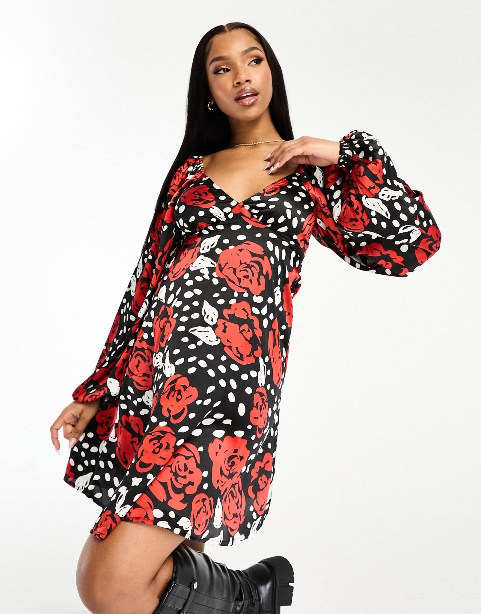 Wednesday's Girl rose bloom floral puff sleeve mini dress in black - ASOS Sample Sale