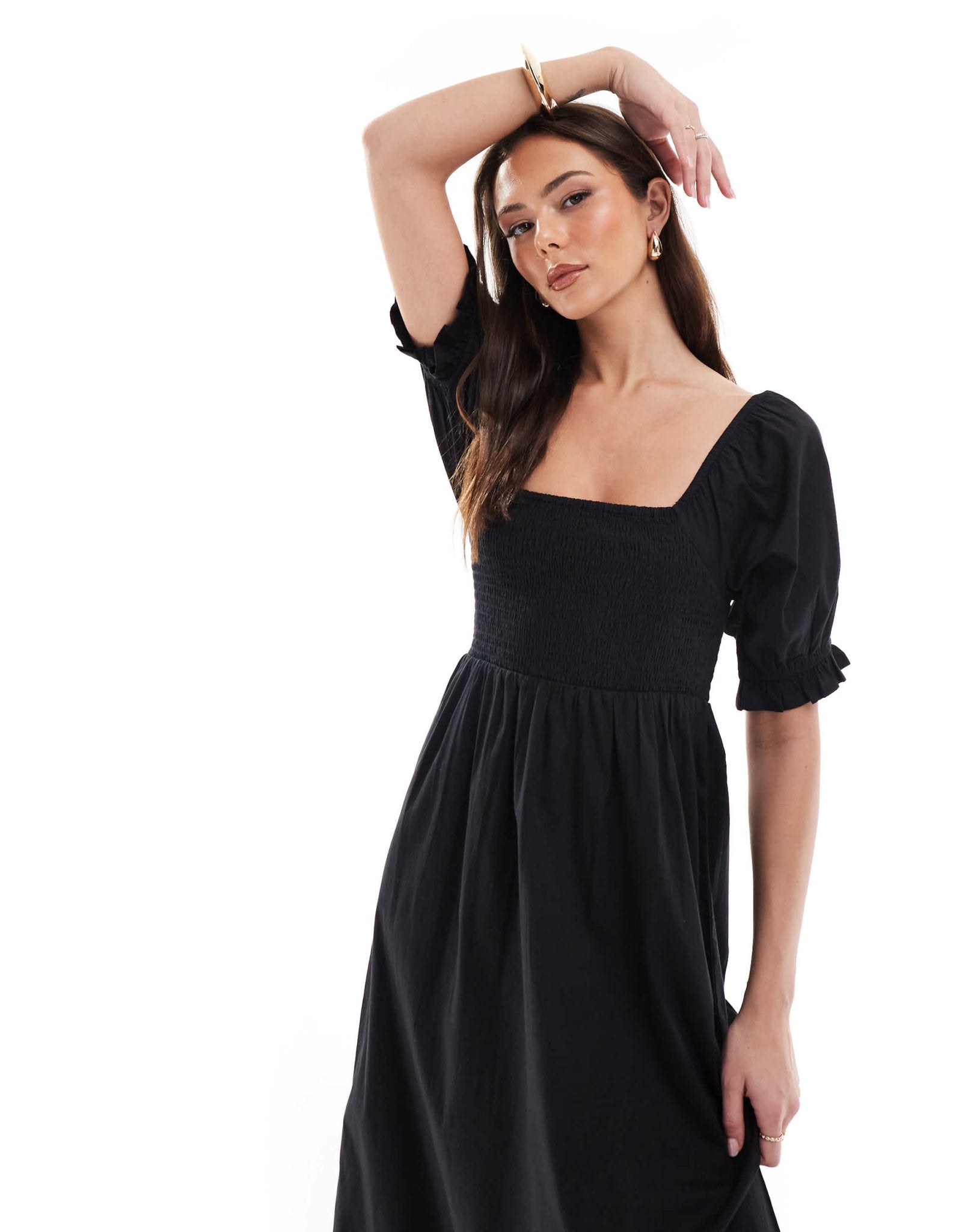 Wednesday's Girl shirred detail midaxi smock dress in black - ASOS Sample Sale