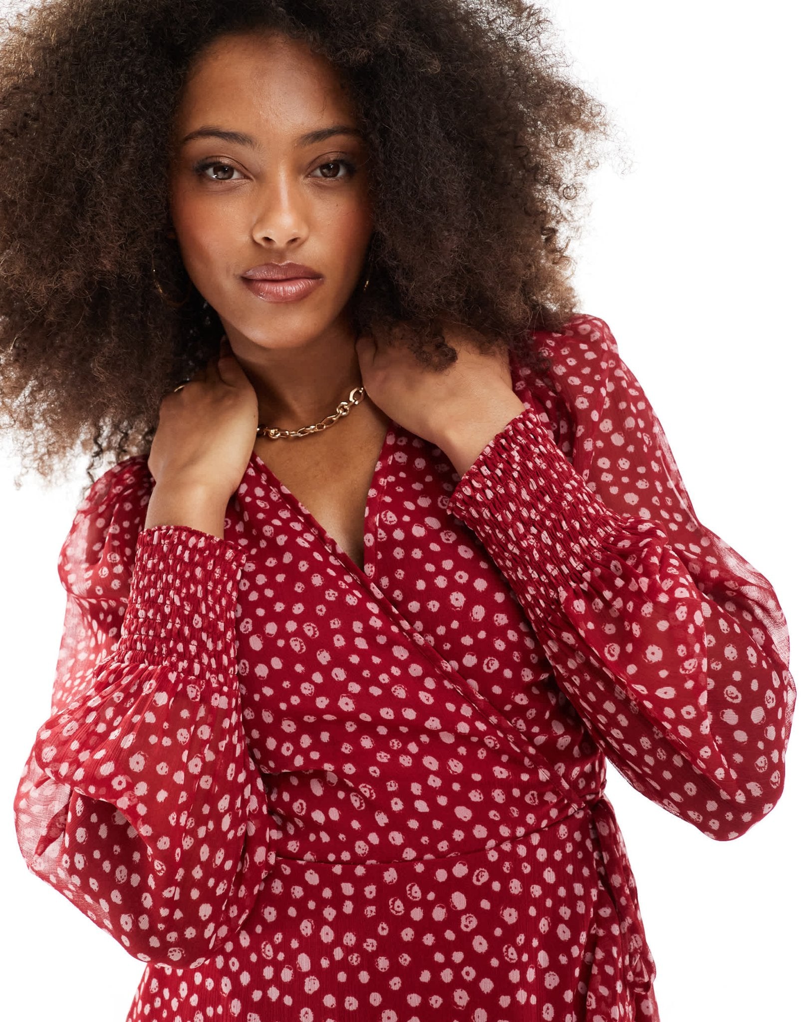 Wednesday's Girl smudge spot ruffle wrap mini dress in cherry red - ASOS Sample Sale