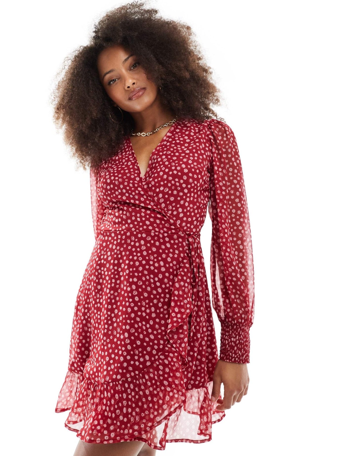 Wednesday's Girl smudge spot ruffle wrap mini dress in cherry red - ASOS Sample Sale