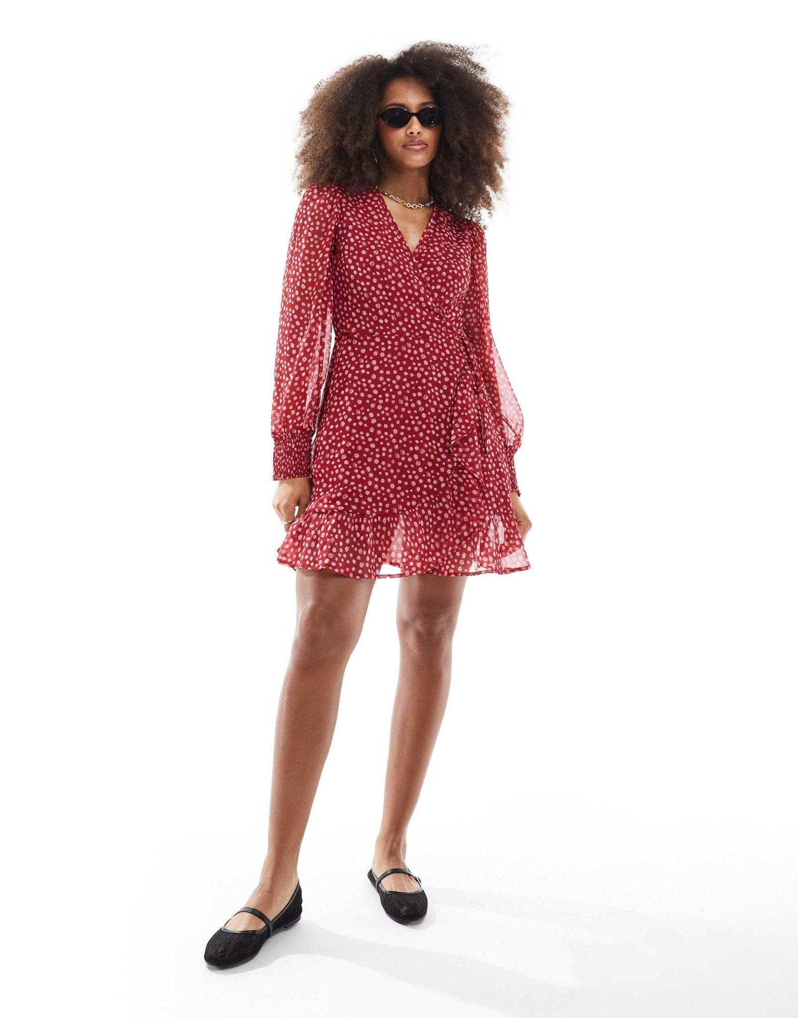 Wednesday's Girl smudge spot ruffle wrap mini dress in cherry red - ASOS Sample Sale