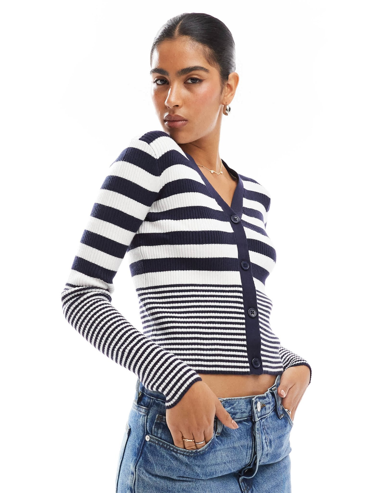 Wednesday's Girl striped ribbed knit cardigan in navy and cream - ASOS Sample Sale