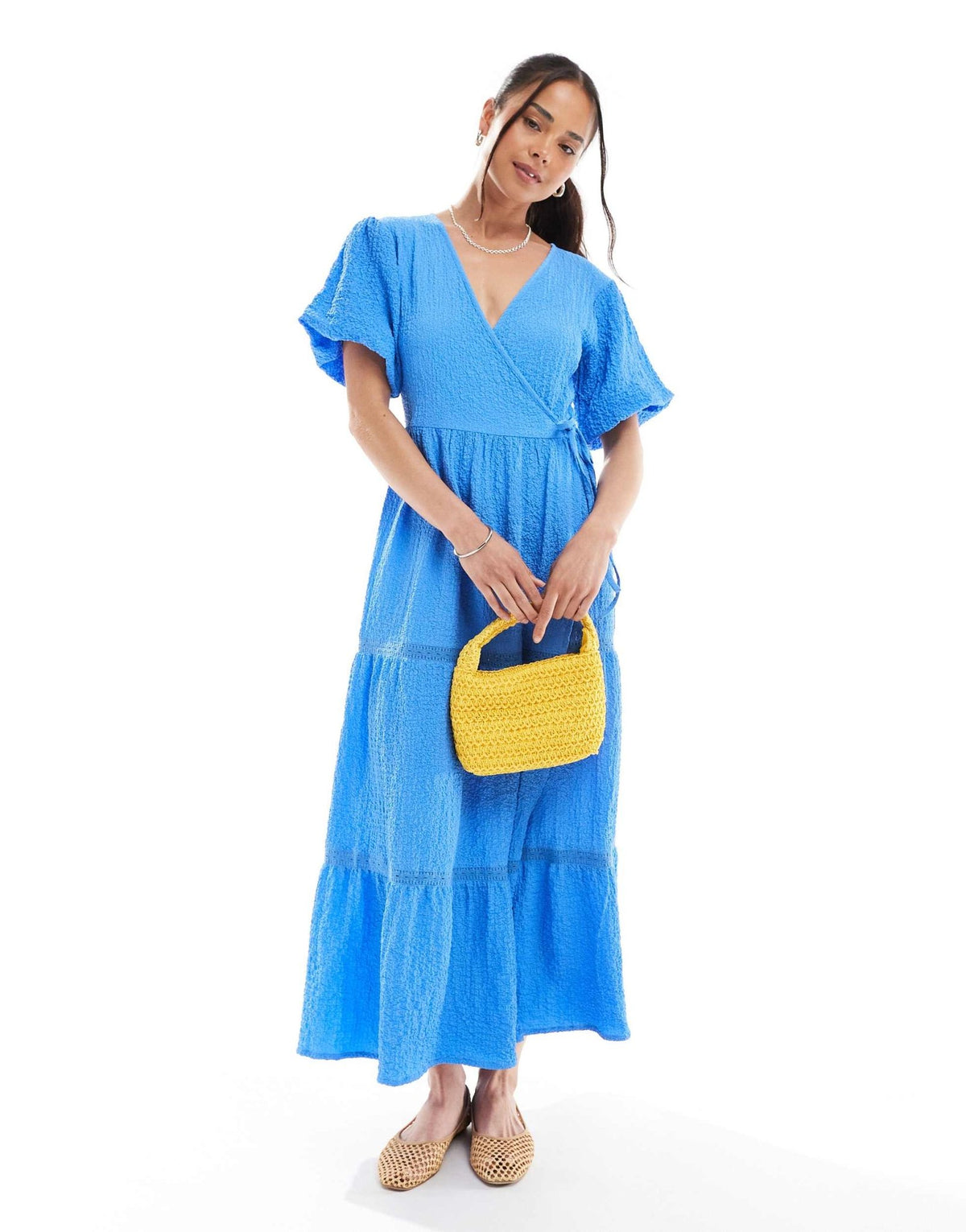 Wednesday's Girl textured wrap detail puff sleeve midi dress in blue - ASOS Sample Sale