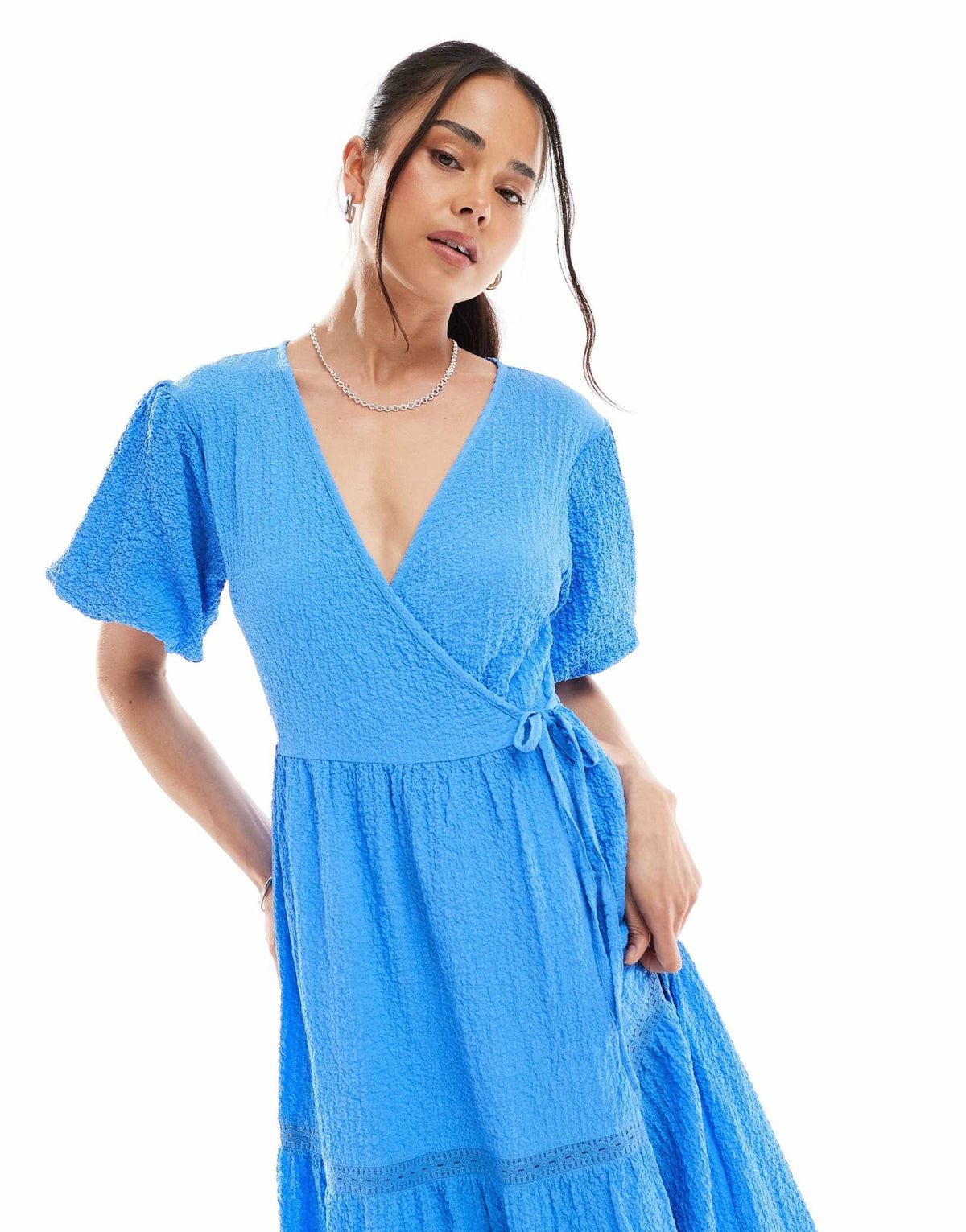Wednesday's Girl textured wrap detail puff sleeve midi dress in blue - ASOS Sample Sale