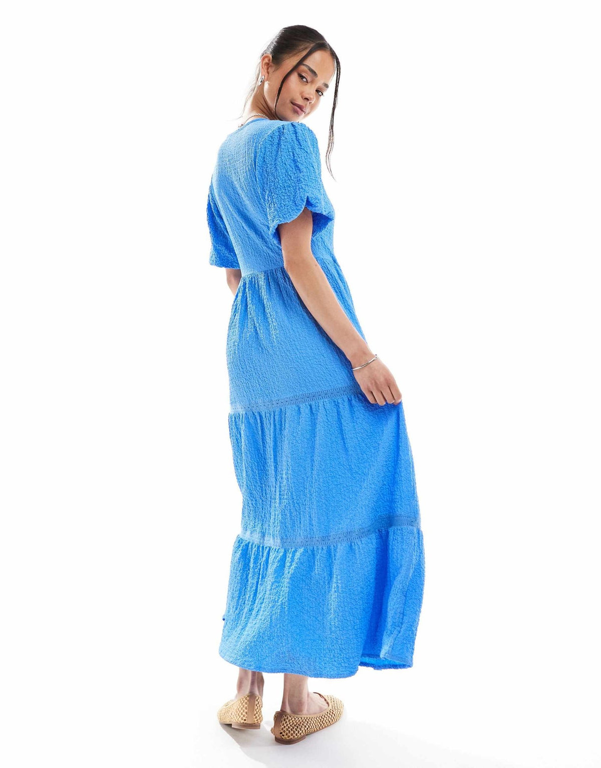 Wednesday's Girl textured wrap detail puff sleeve midi dress in blue - ASOS Sample Sale