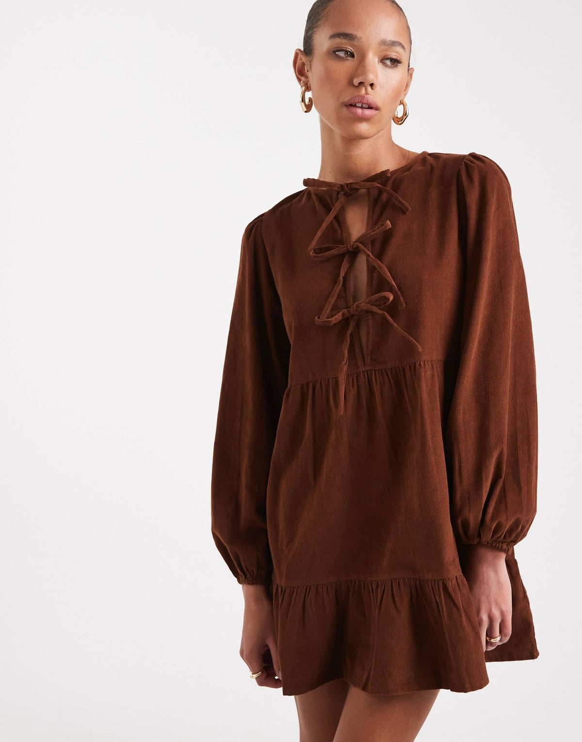 Wednesday's Girl tie-detail cord mini smock dress in tan - ASOS Sample Sale
