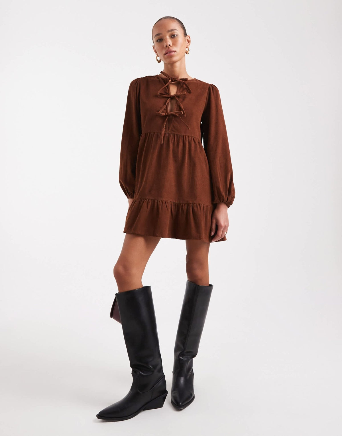 Wednesday's Girl tie-detail cord mini smock dress in tan - ASOS Sample Sale