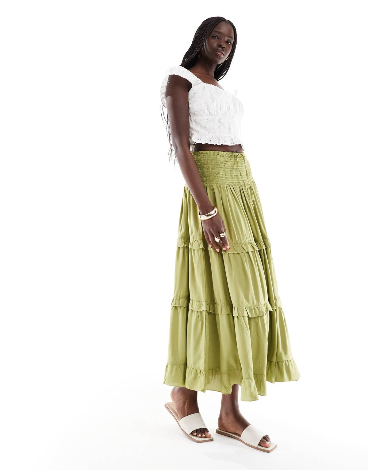 Wednesday's Girl tiered ruffle midaxi boho skirt in green - ASOS Sample Sale