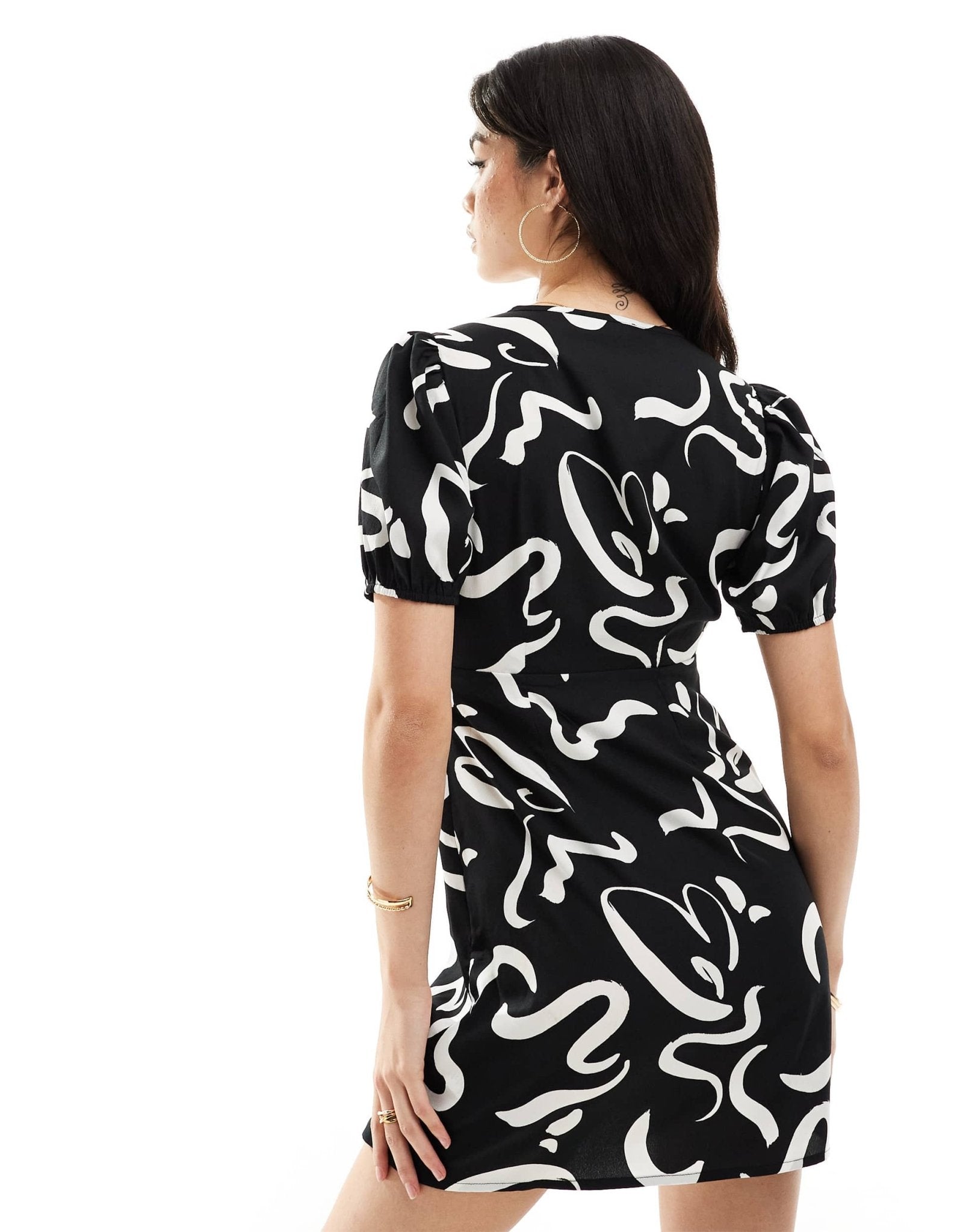 Wednesday's Girl v - neck short sleeve mini dress in black and white swirl - ASOS Sample Sale