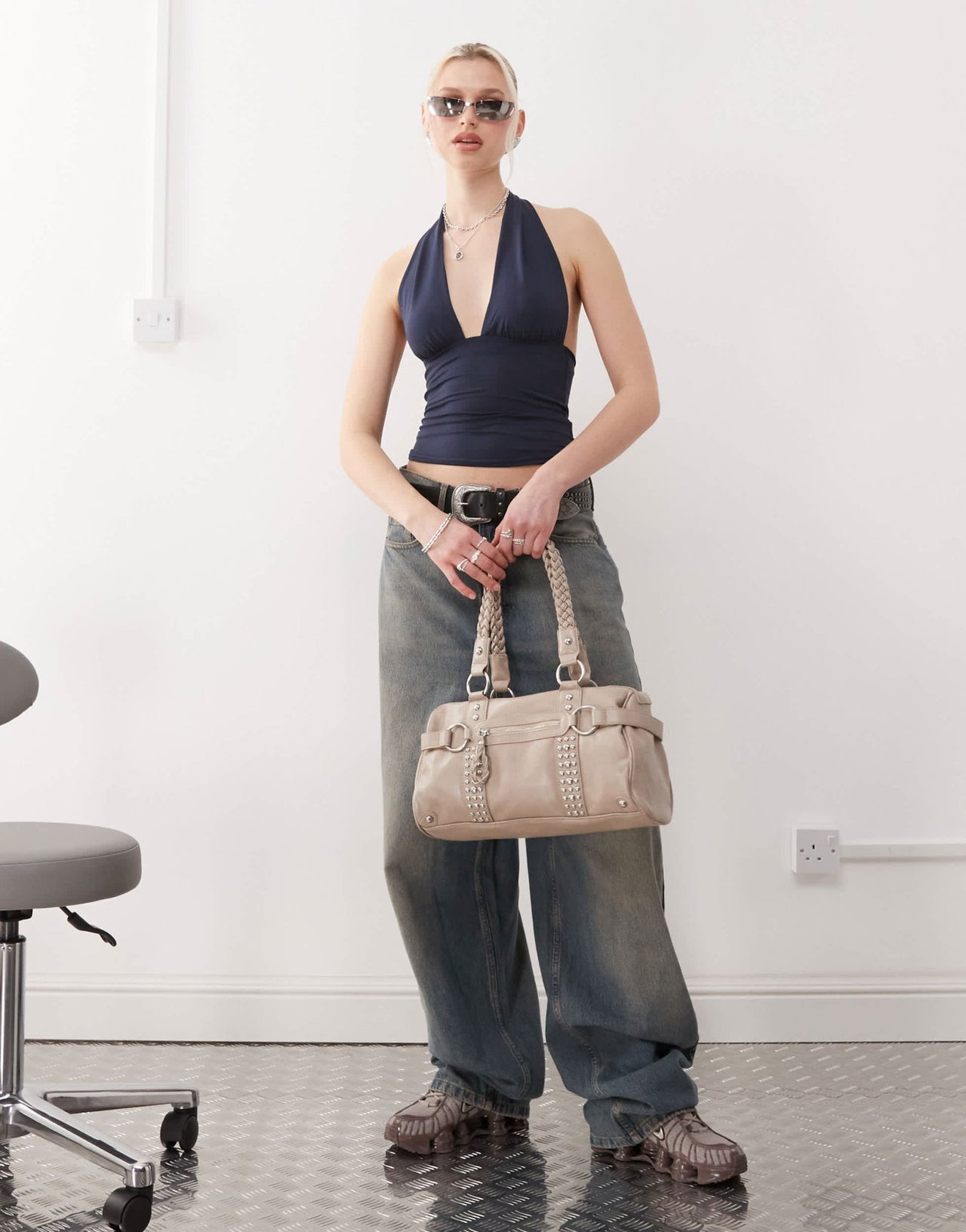 Weekday Aline deep halter neck top in navy - ASOS Sample Sale